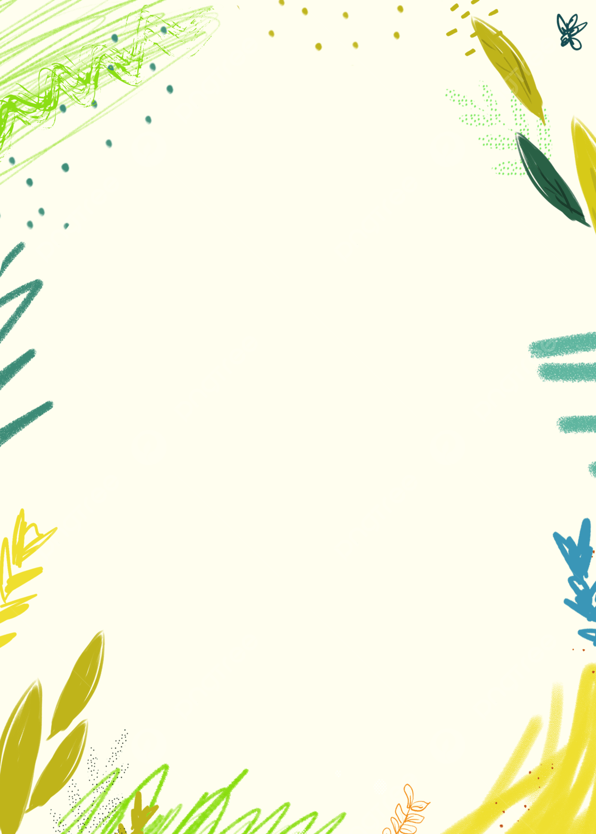 A white background with green and blue leaves and plants on the right side of the page. - Light yellow