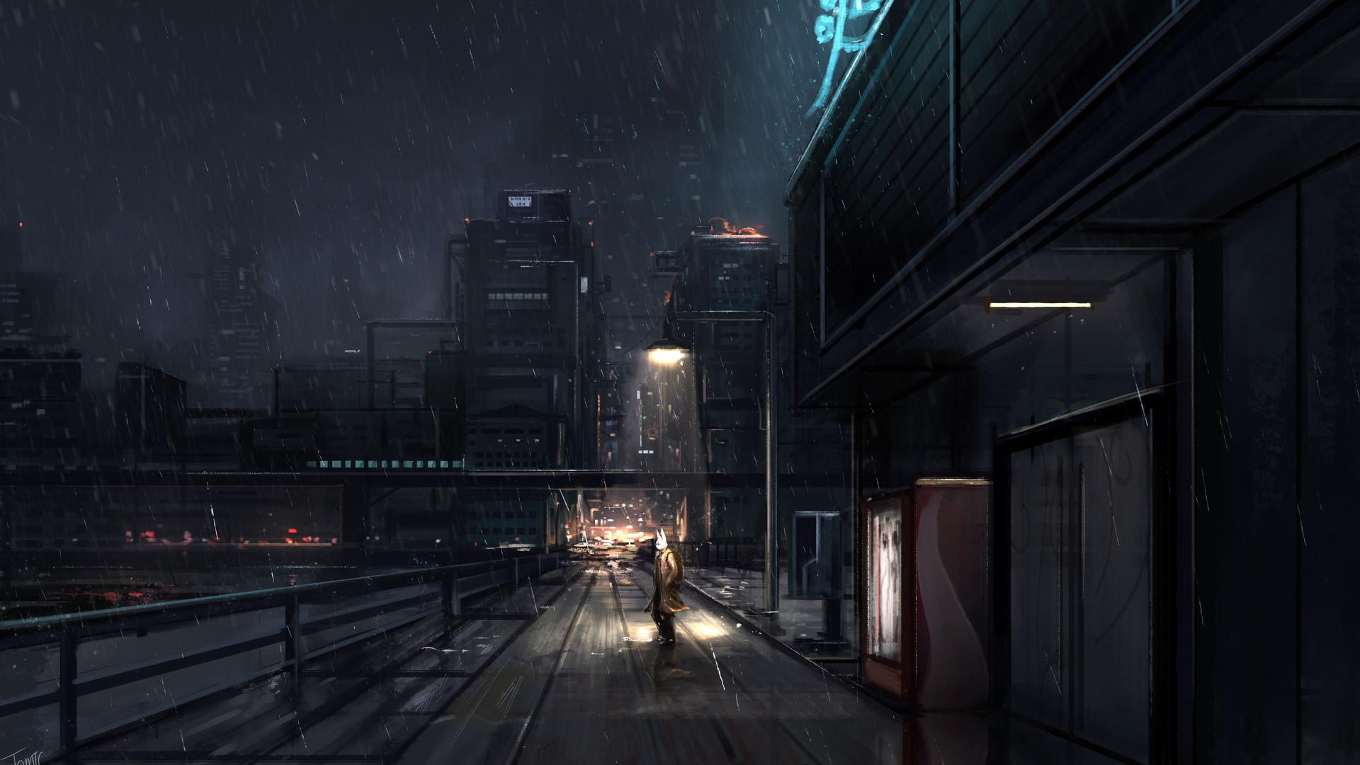 Digital painting of a man walking in the rain in a cyberpunk city - 1920x1080, night