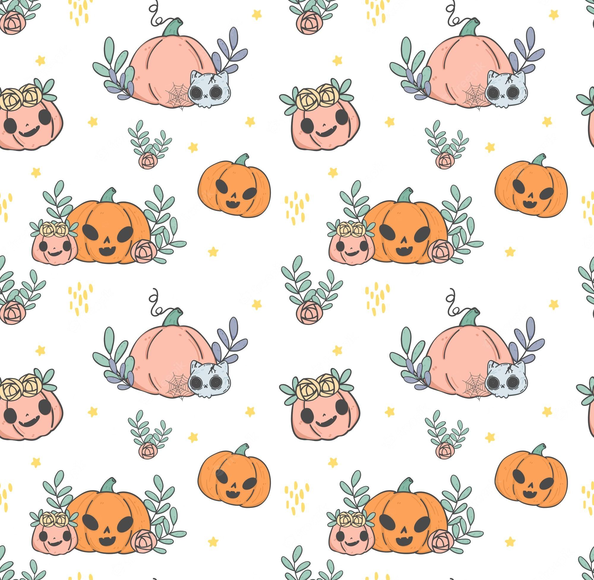 Premium Vector. Pattern seamless background halloween pumpkins kawaii jack o lantern cartoon doodle hand drawn