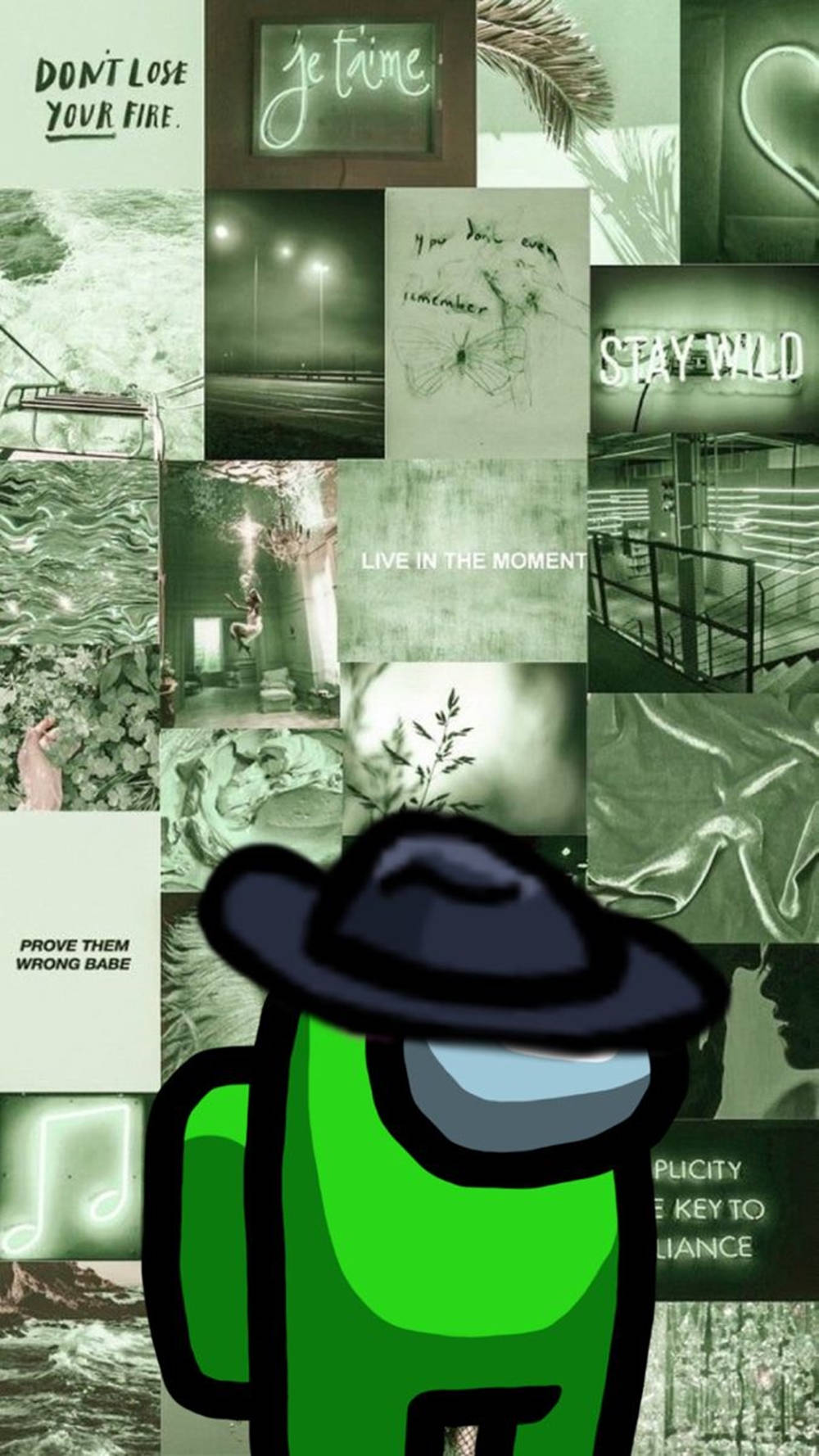 Aesthetic green wallpaper with a collage of green pictures - Among Us