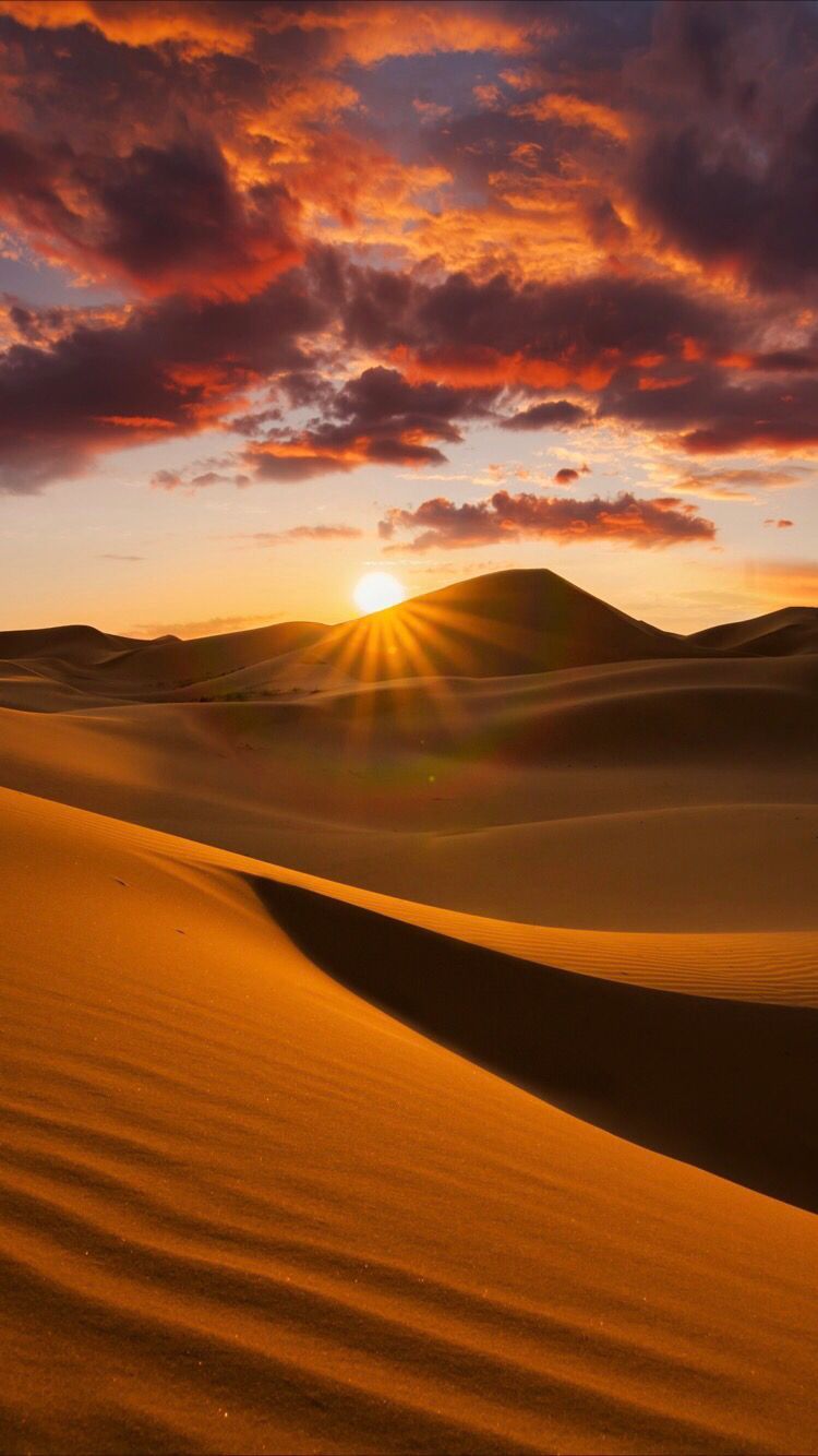 A sunset over sand dunes in the desert. - Desert