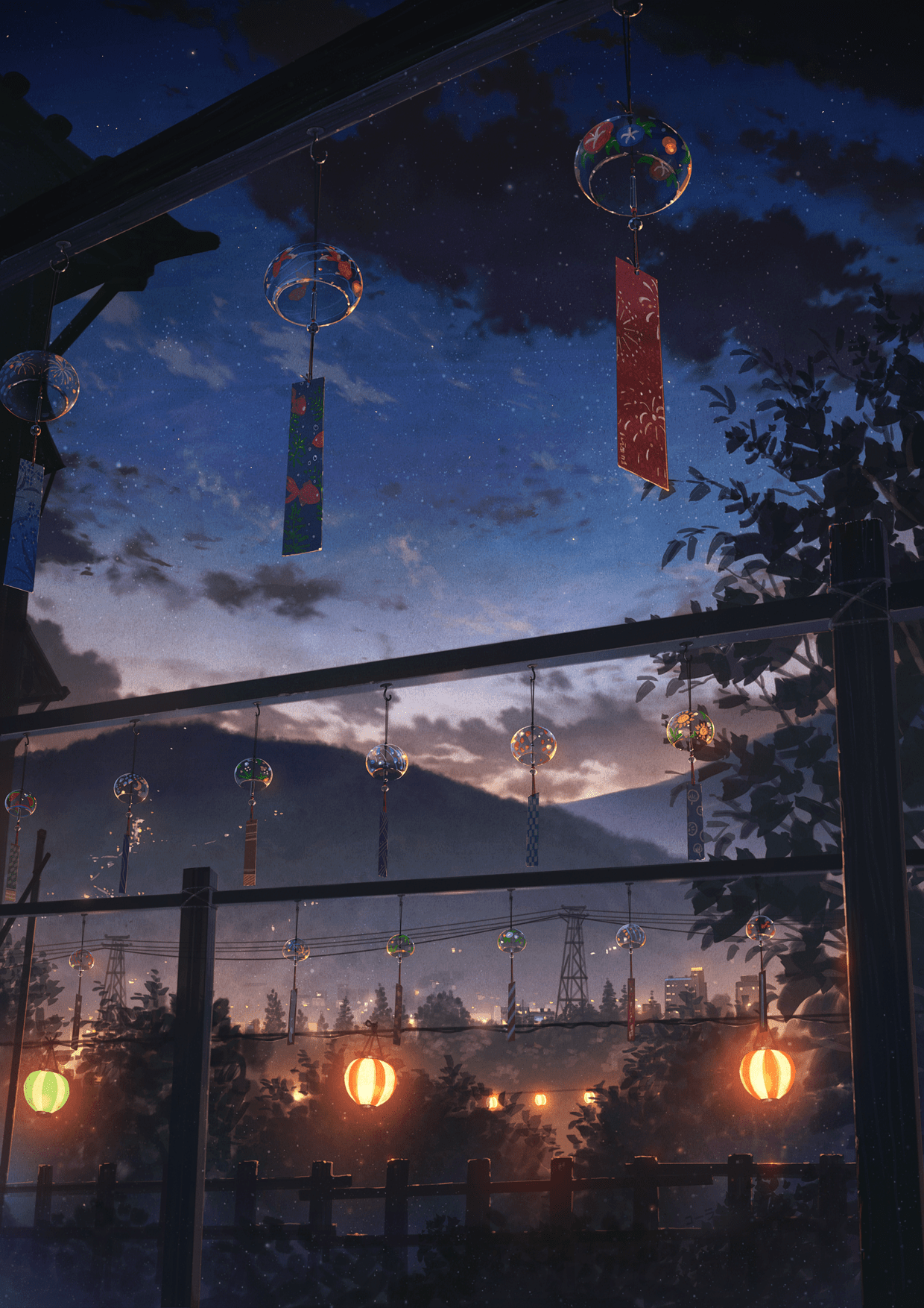 A digital painting of a night time view from a Japanese style room. - Scenery, night, indigo, anime landscape, Android