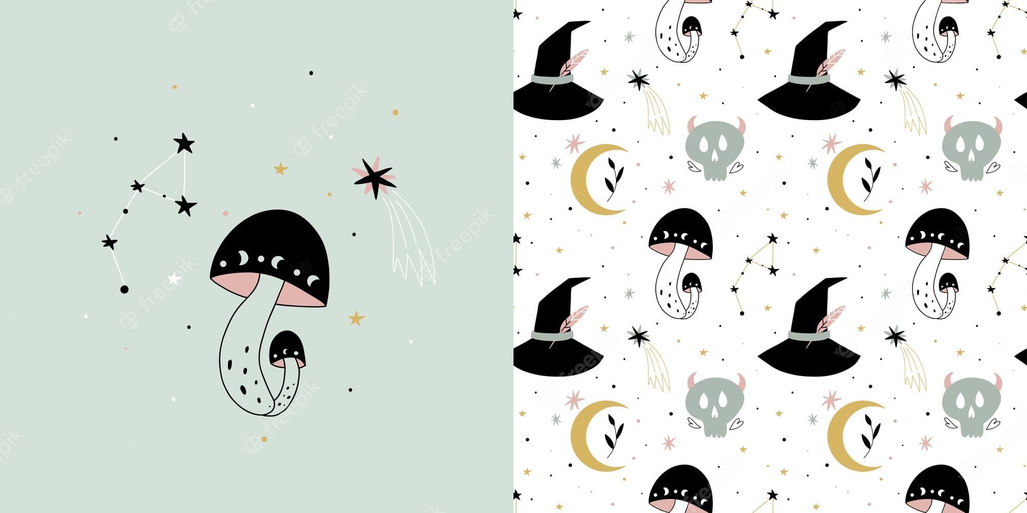 Premium Vector. Magic mushroom print and seamless pattern boho esoteric and celestial print witch isolated objects hand drawn doodle magician textile hat moon and skull elements wallpaper and fabric vector set