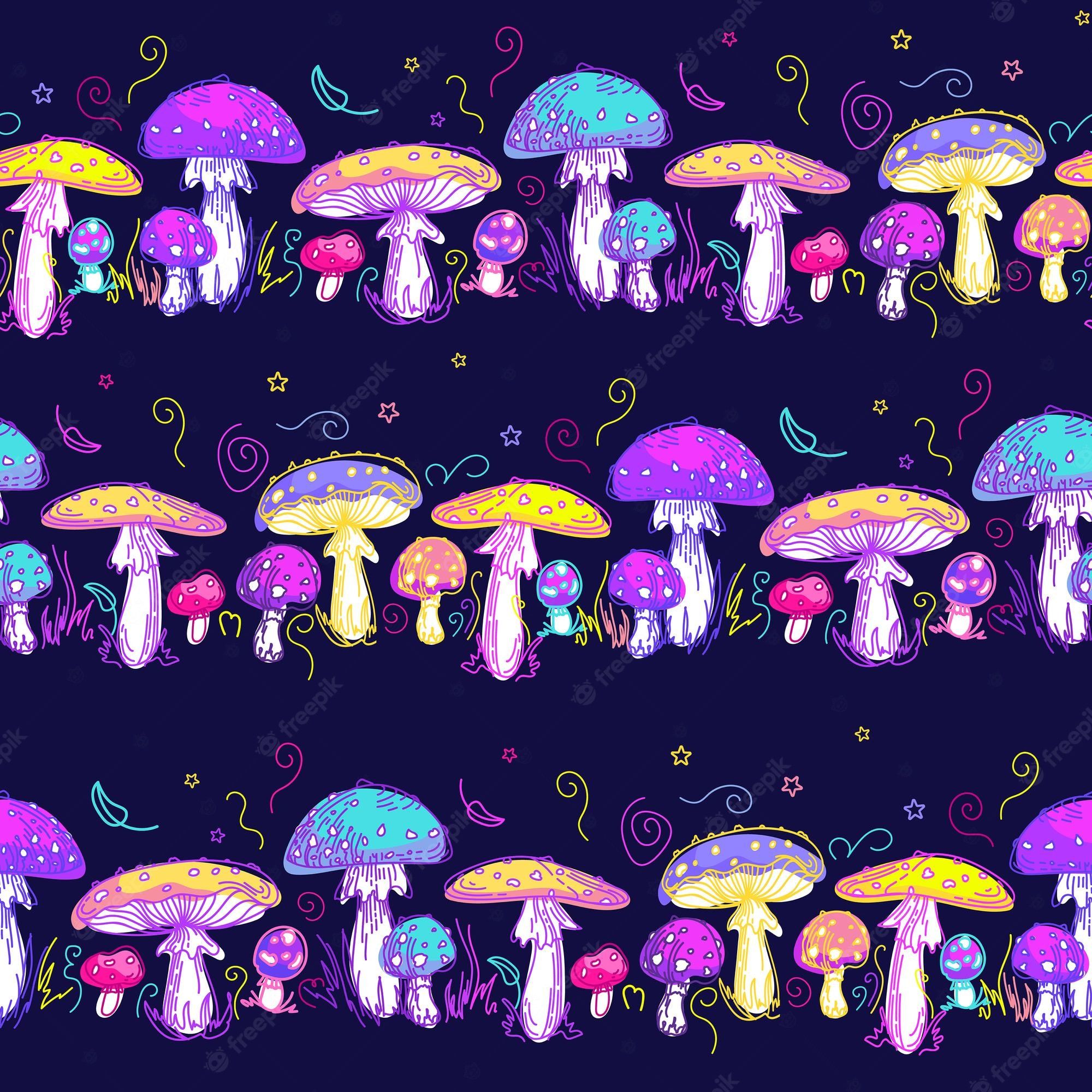 Premium Vector. Amanita inedible mushroom multicolored fly agaric on a dark background bright summer illustration in cartoon style cosmic magic mushrooms fairy ring for wallpaper textile printing packaging
