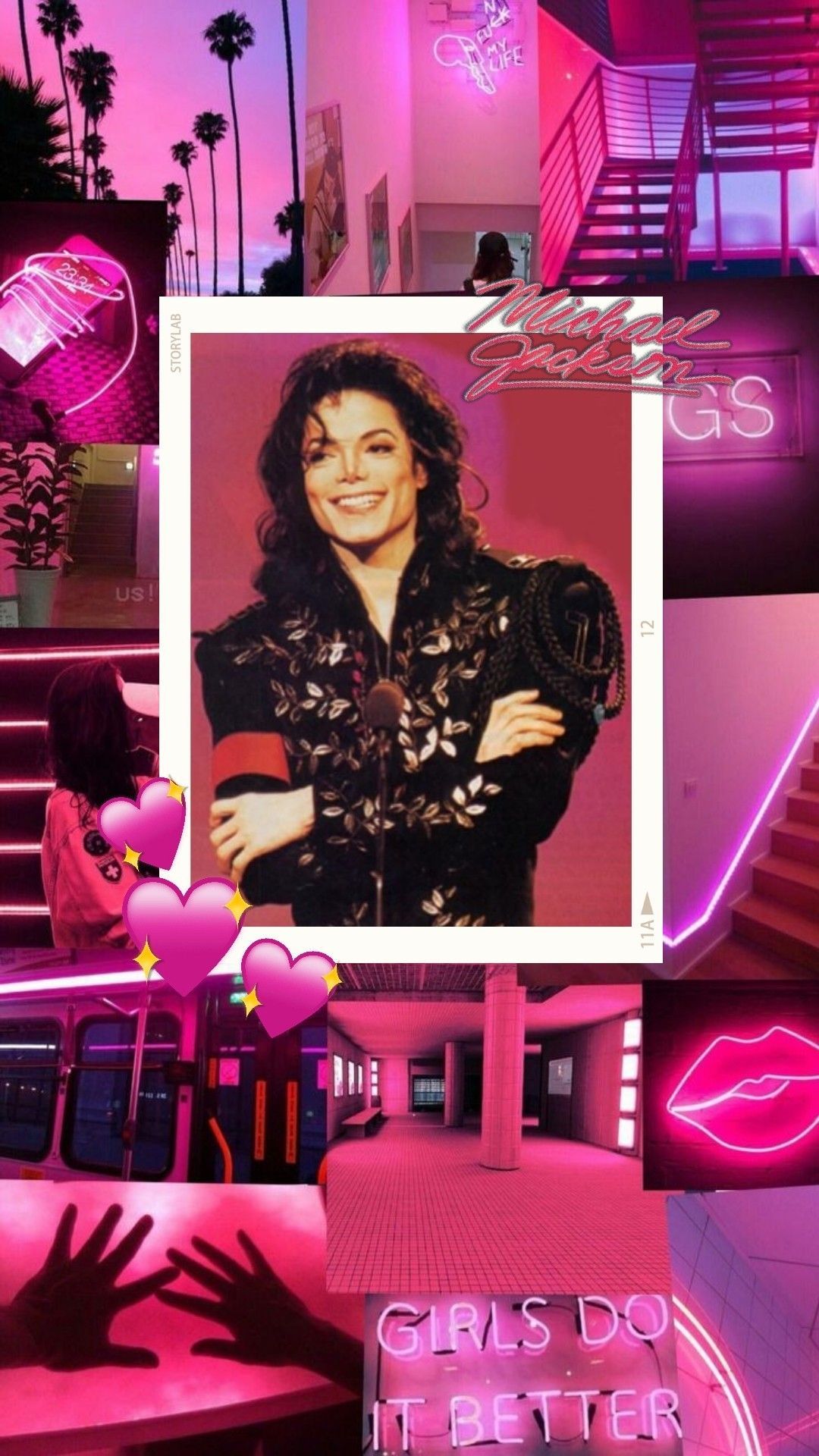 A collage of pictures with pink neon lights - Michael Jackson