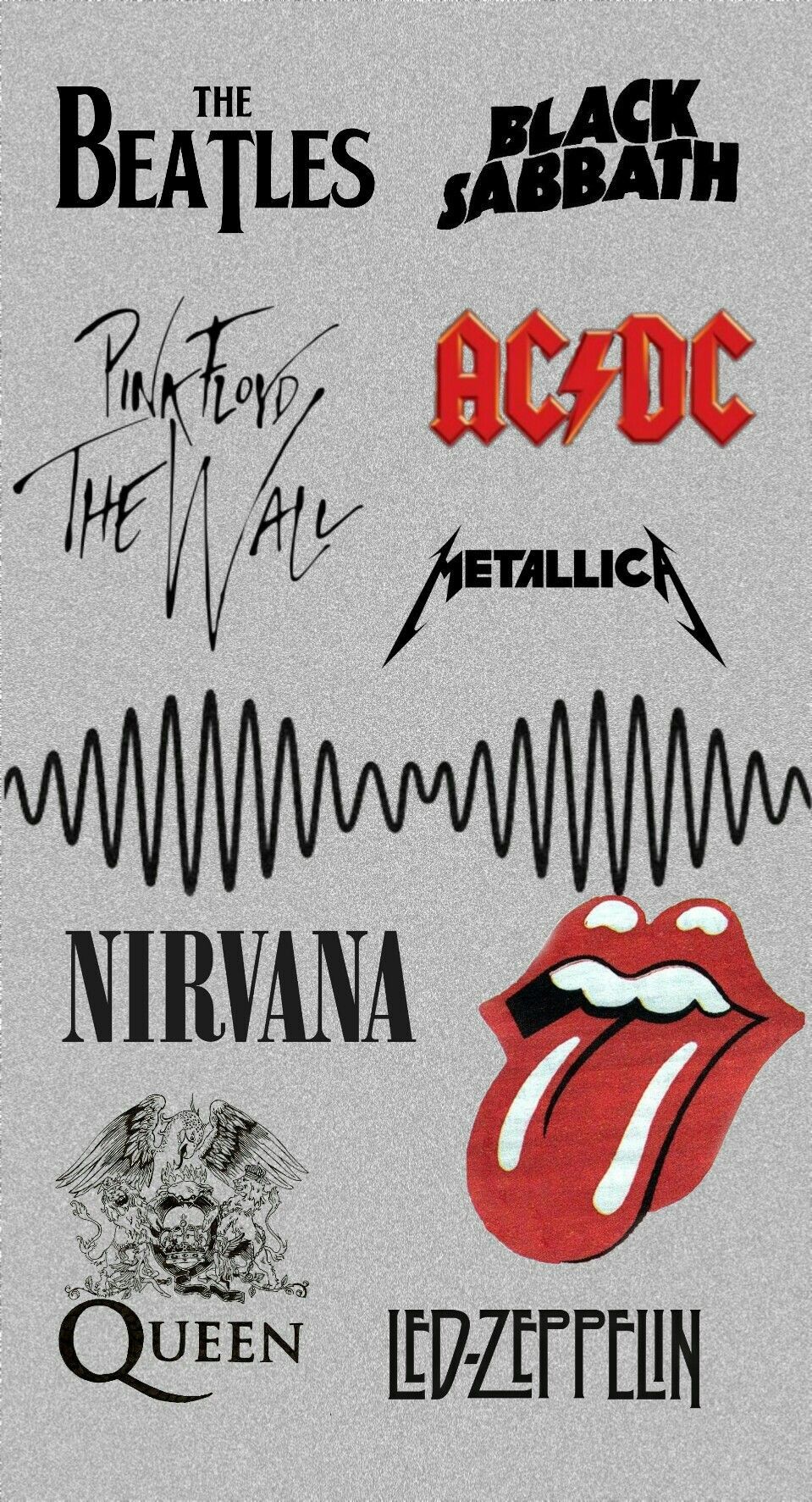 The Beatles, Black Sabbath, AC/DC, Pink Floyd, The Wall, Metallica, Nirvana, Queen, Led Zeppelin. - Nirvana, rock