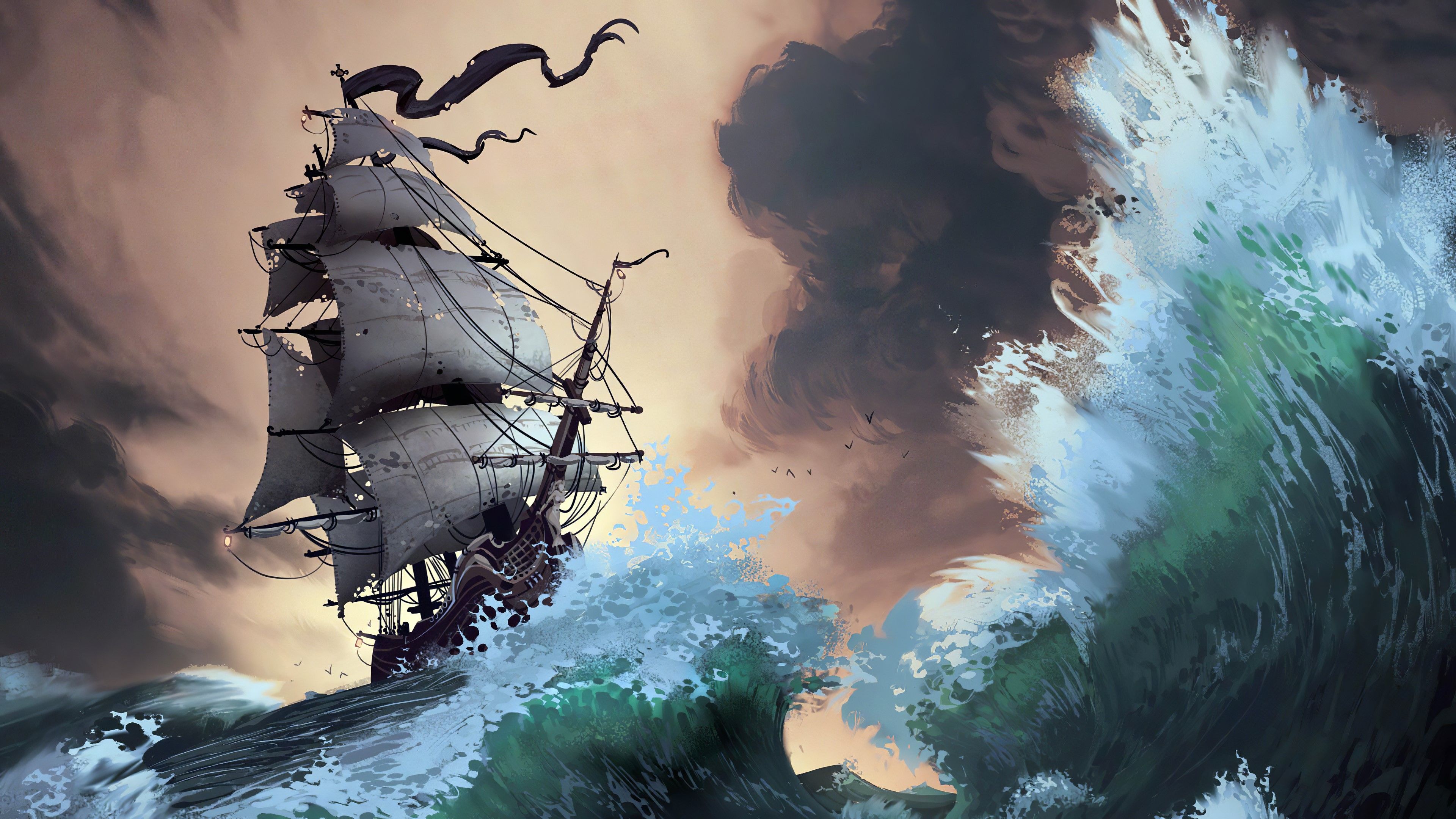 4K, Lorenzo Lanfranconi, waves, ship, Pirate ship, digital art, storm, artwork Gallery HD Wallpaper