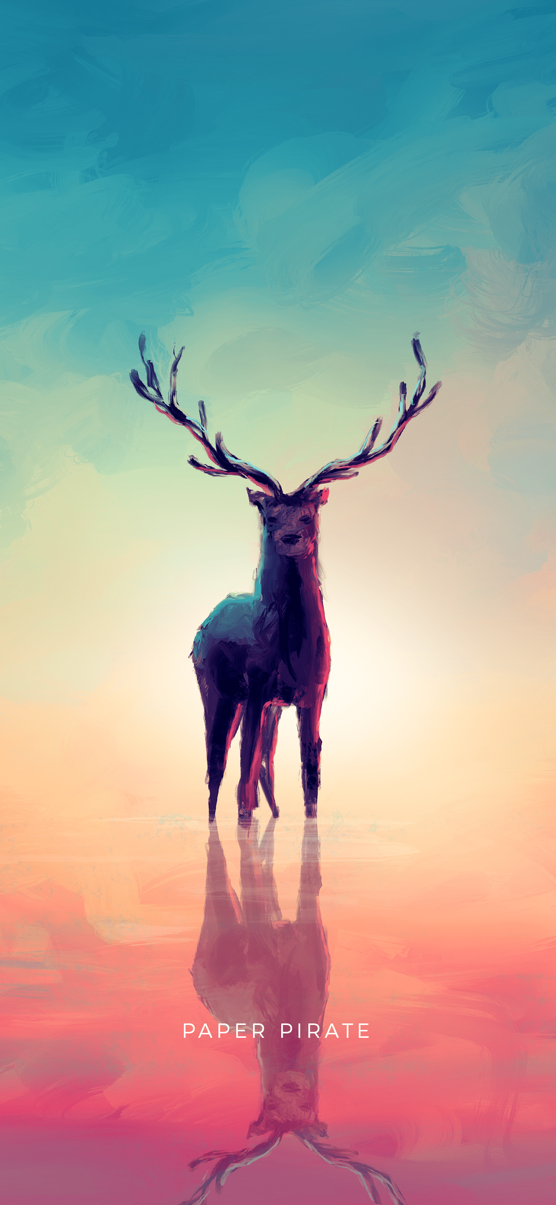 A digital painting of a deer standing in a pink and blue landscape - Pirate