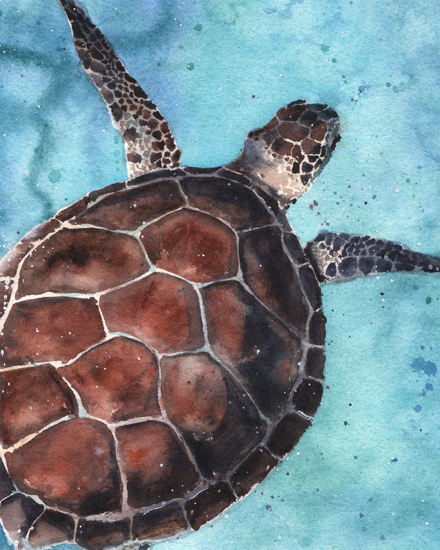 Watercolor painting of a sea turtle swimming in the ocean - Sea turtle
