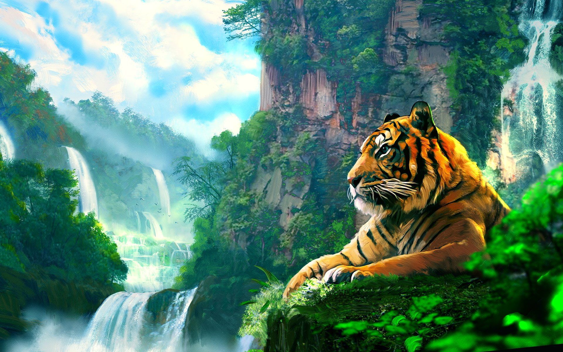 A tiger sitting on the edge of waterfall - Tiger