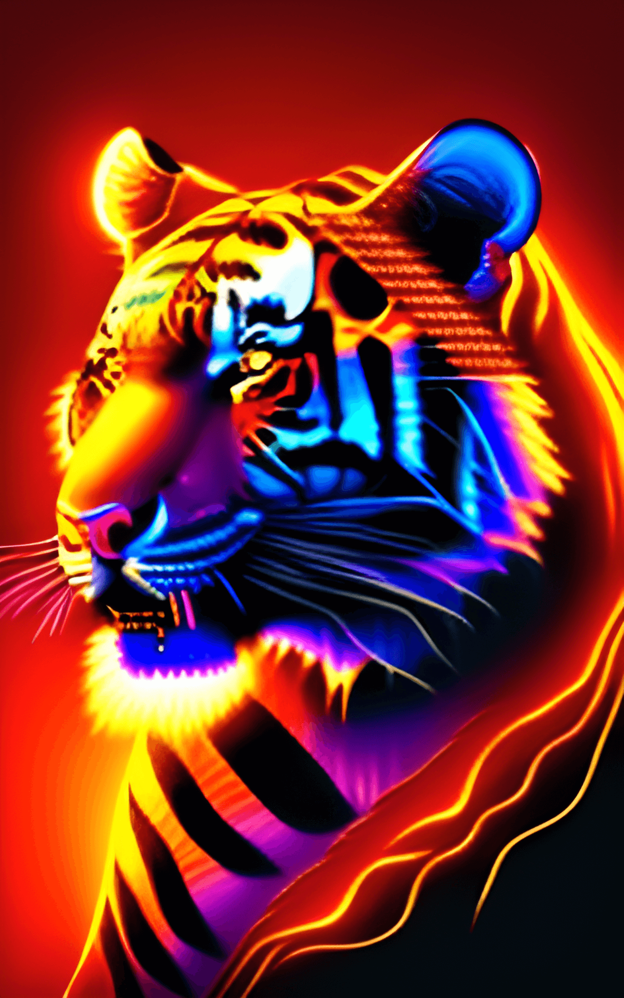 A tiger with a red, orange, yellow, and blue color scheme. - Tiger