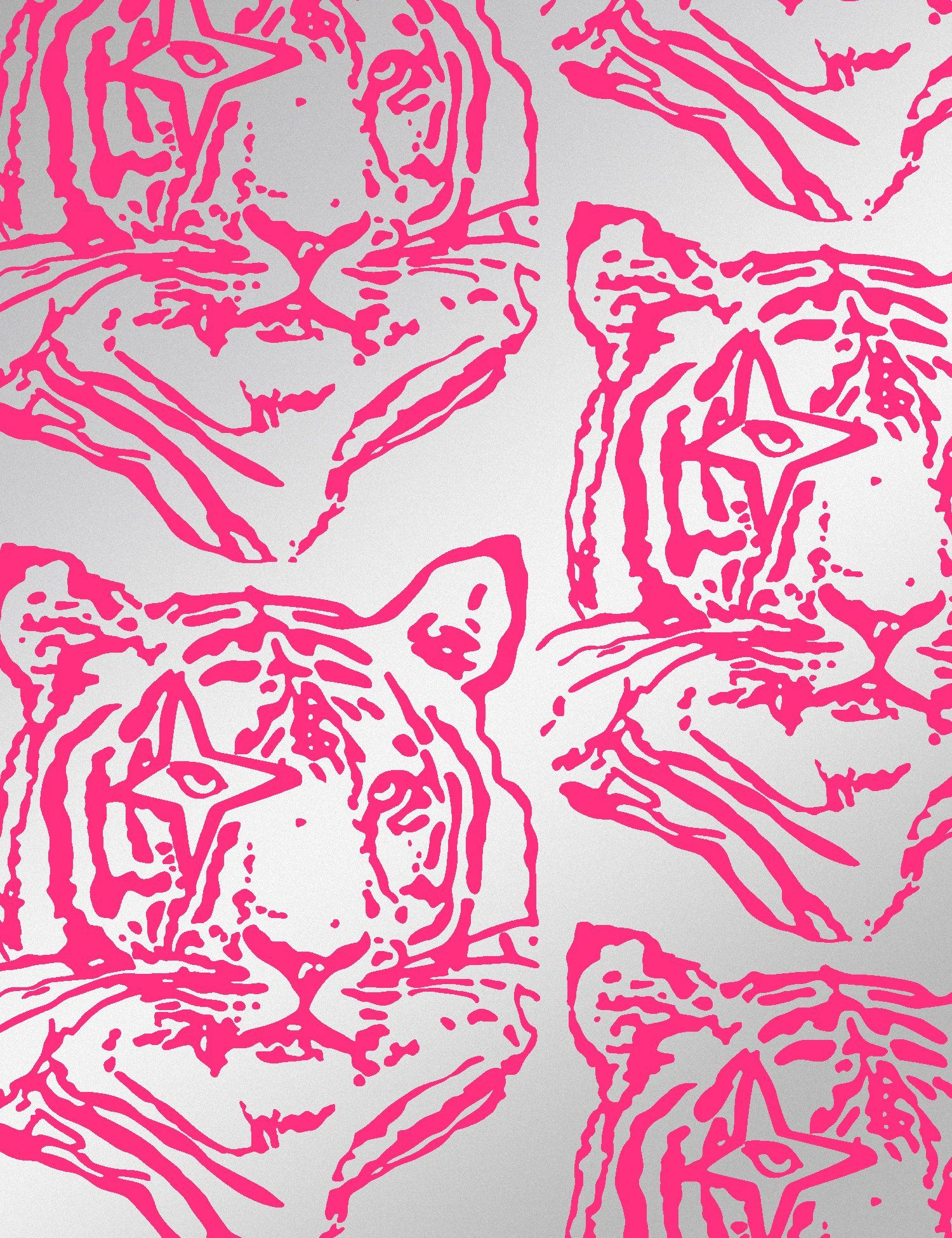 A close up of the wallpaper, which is covered in pink tiger illustrations - Tiger