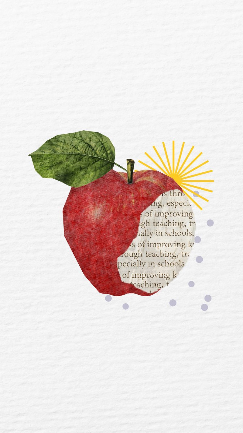 An apple with a leaf and a sun burst with the words 