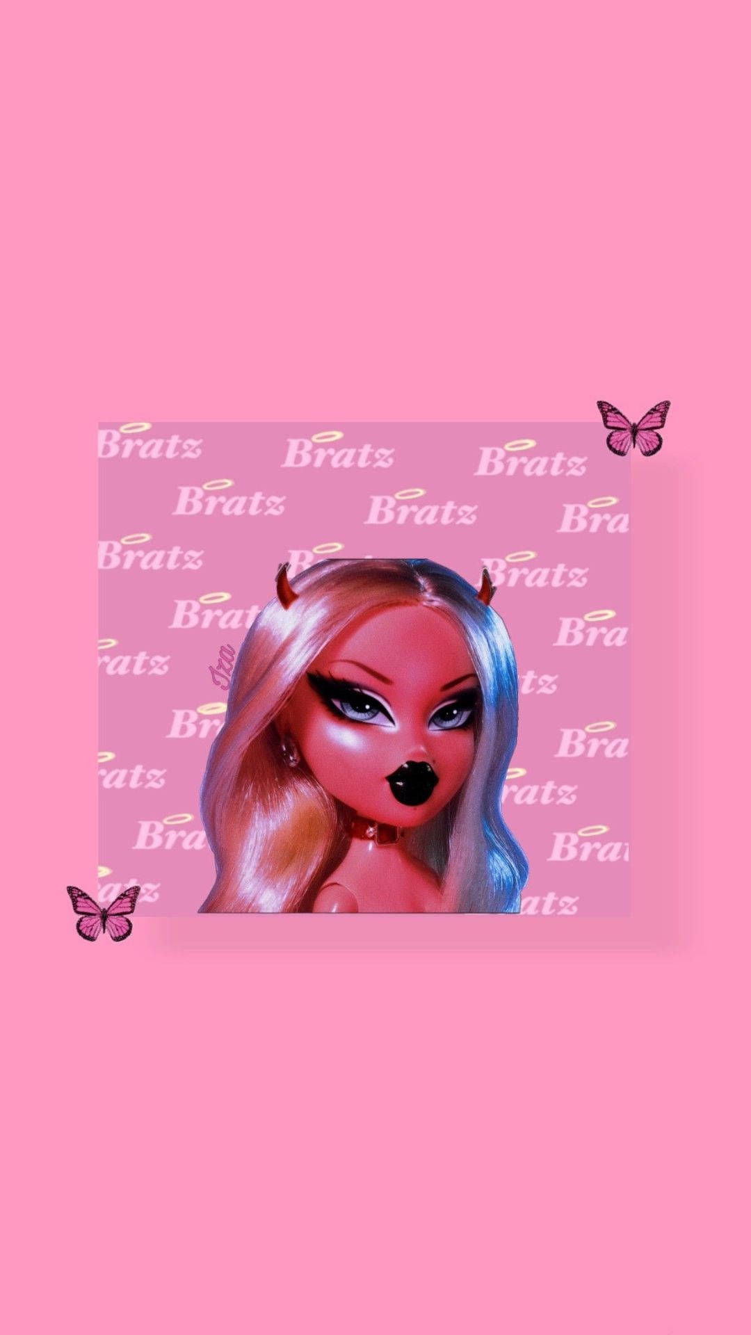 A pink background with an image of the doll on it - Baddie, Barbie