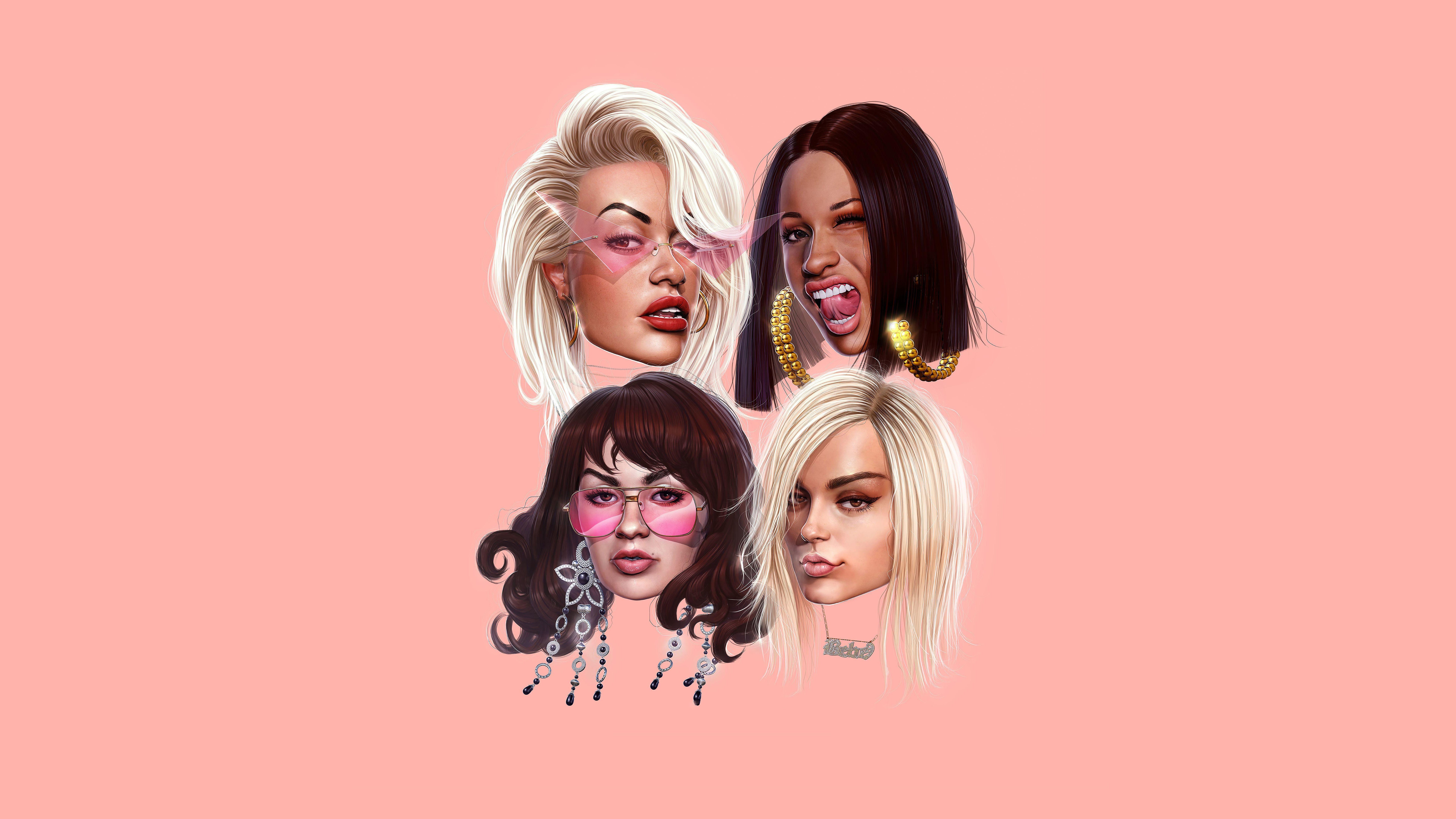 4 female pop stars with different hair styles and accessories on a pink background - Cardi B
