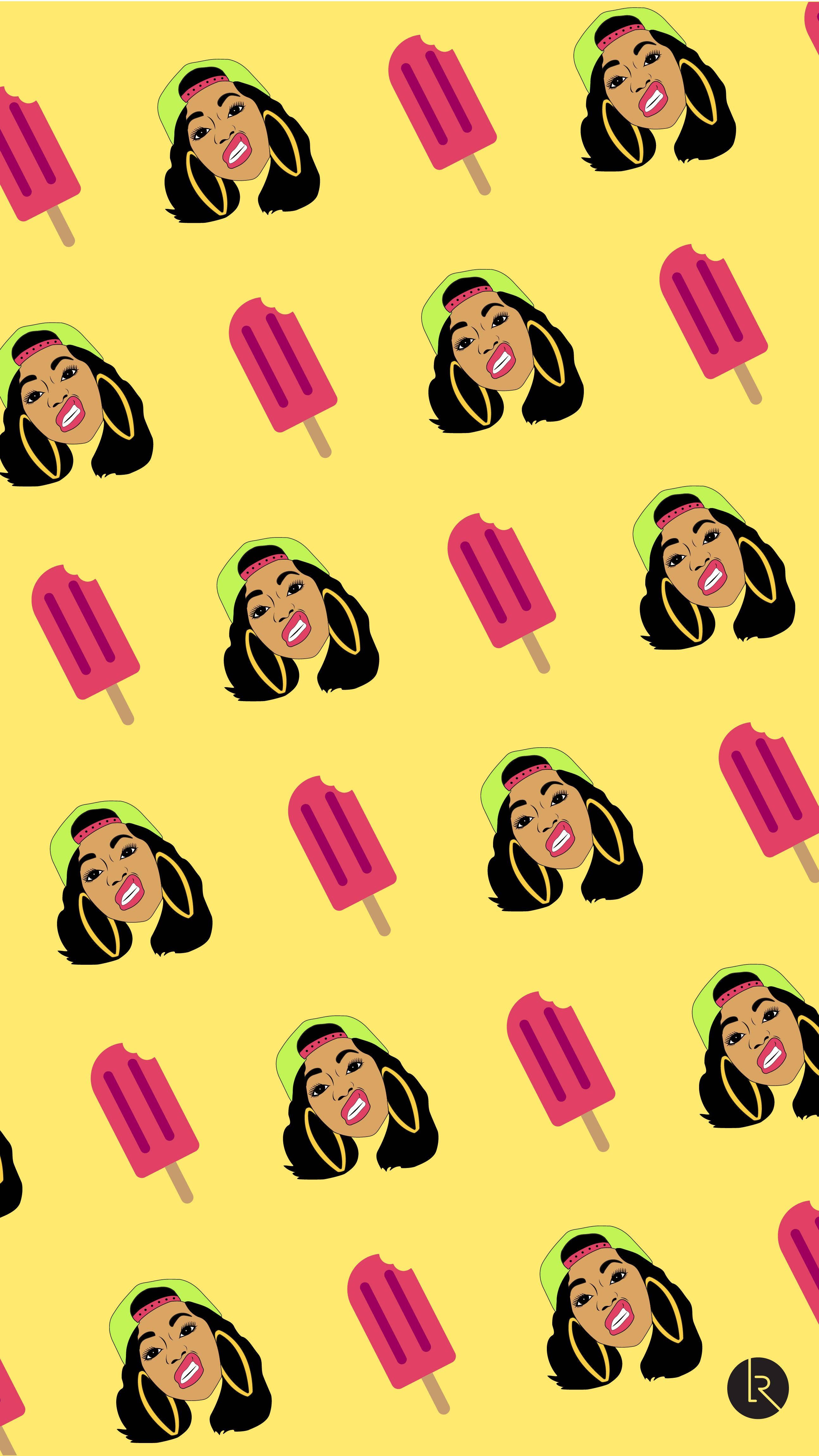 A pattern of Cardi B's face and popsicles on a yellow background. - Cardi B
