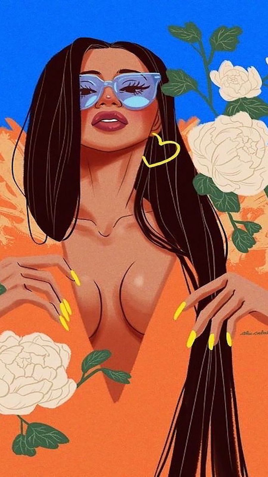 A woman with sunglasses and flowers. - Cardi B