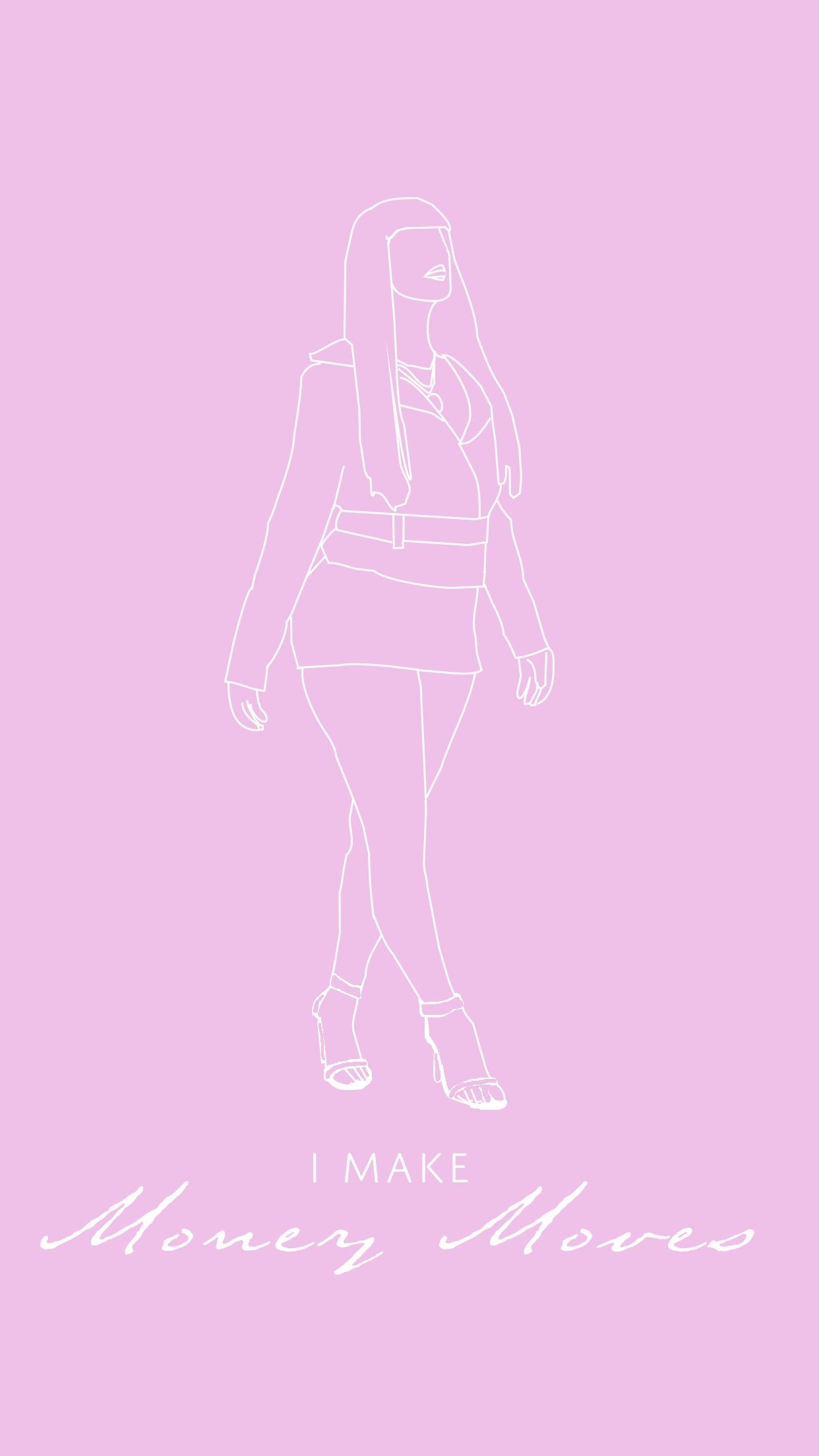 A pink background with a white illustration of a woman in a skirt and jacket. The words 