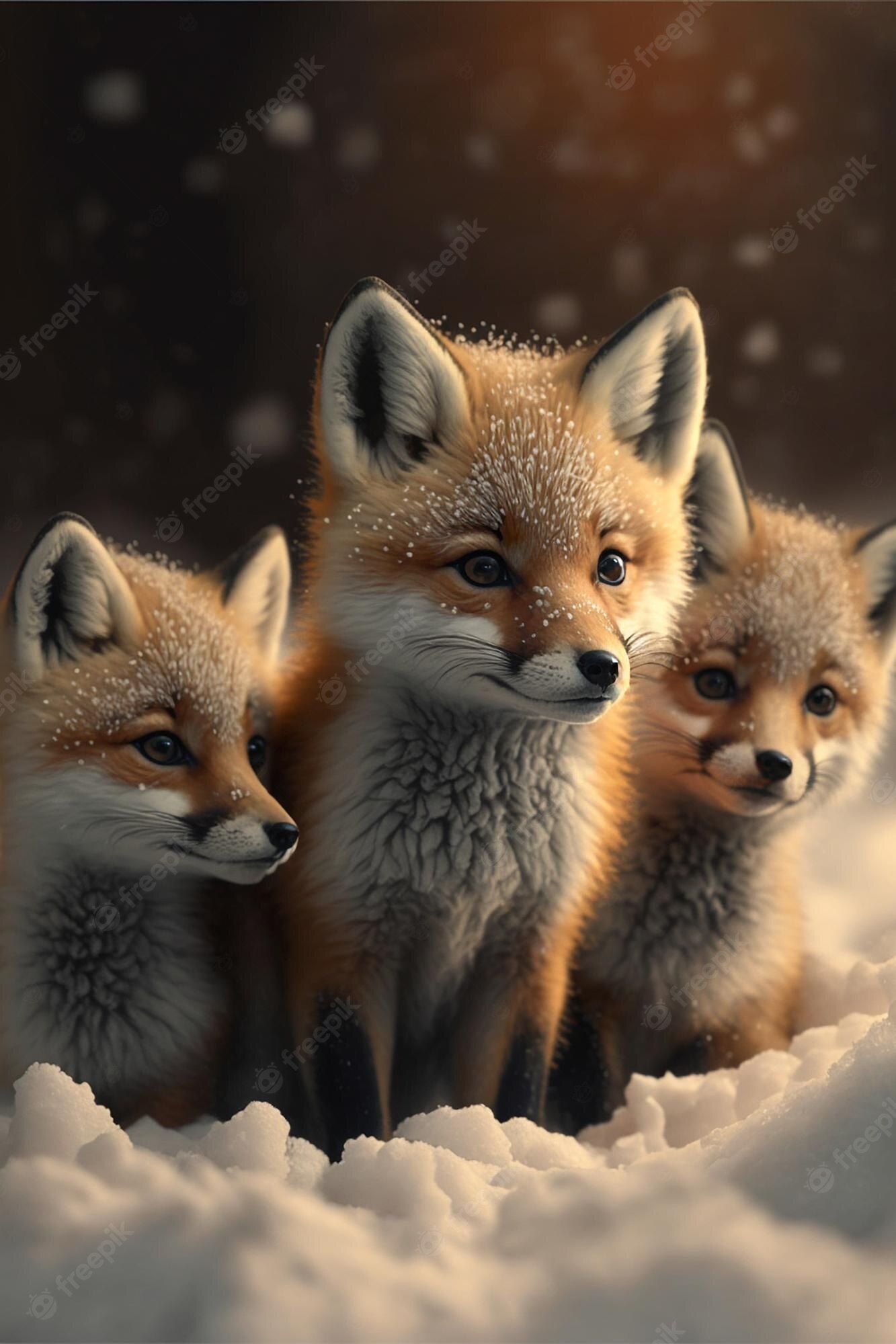 Three foxes sitting in the snow - Fox