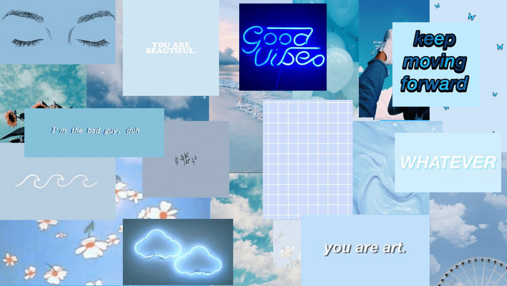 A blue aesthetic collage with a variety of blue and white images. - Blue, pastel blue, light blue, laptop
