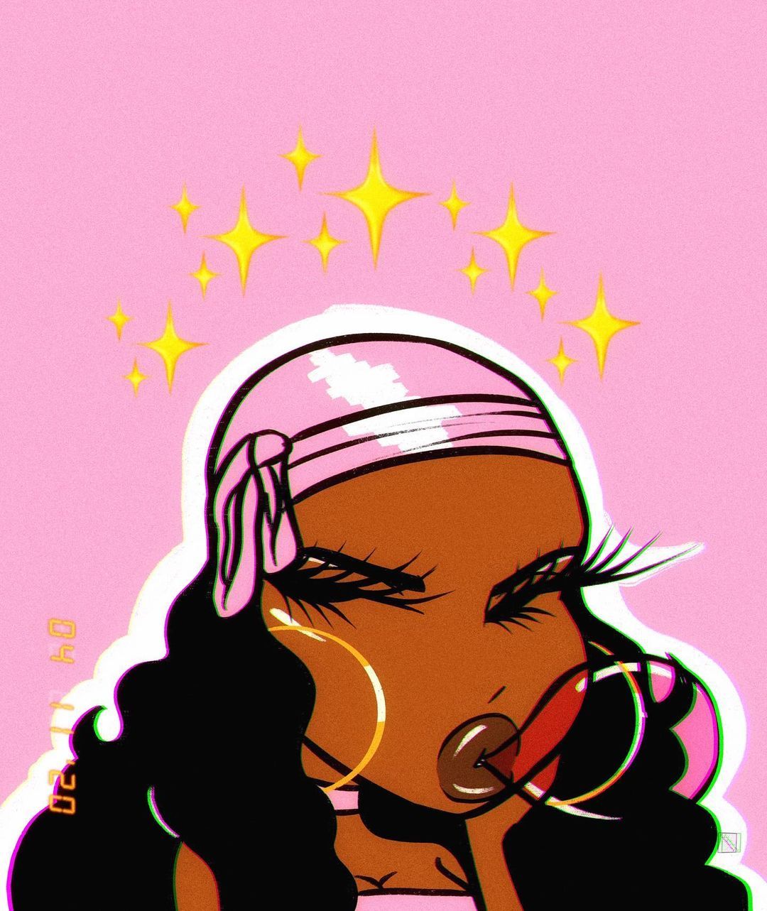 Illustration of a black woman with a pink bandana and gold earrings, staring off into the distance with a contemplative expression. She is wearing a pink shirt and has gold hoops in her ears. There are yellow stars behind her head. - Baddie, Bratz