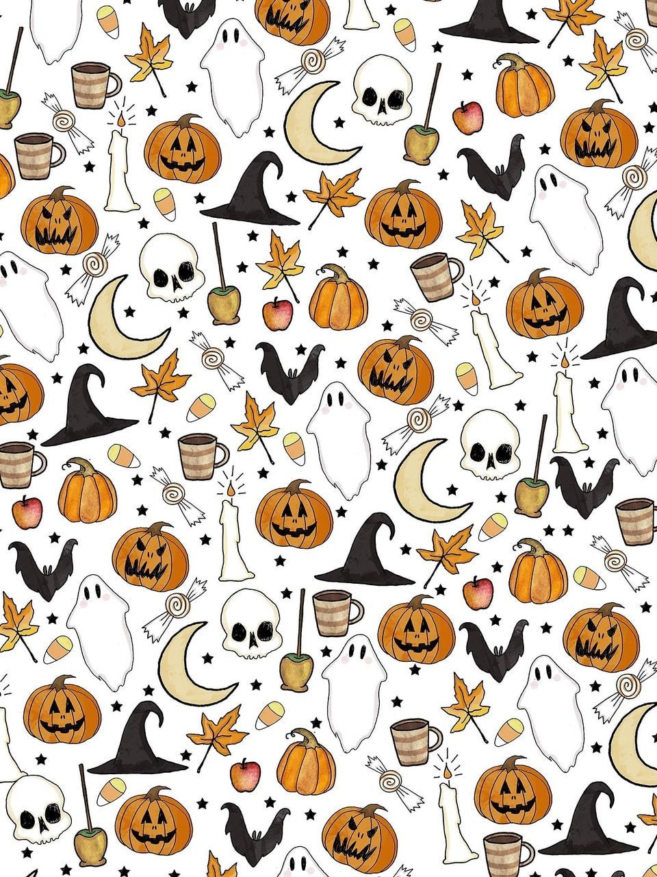 A pattern of Halloween themed items such as pumpkins, ghosts, and witch hats. - Cute fall, Halloween, cute Halloween