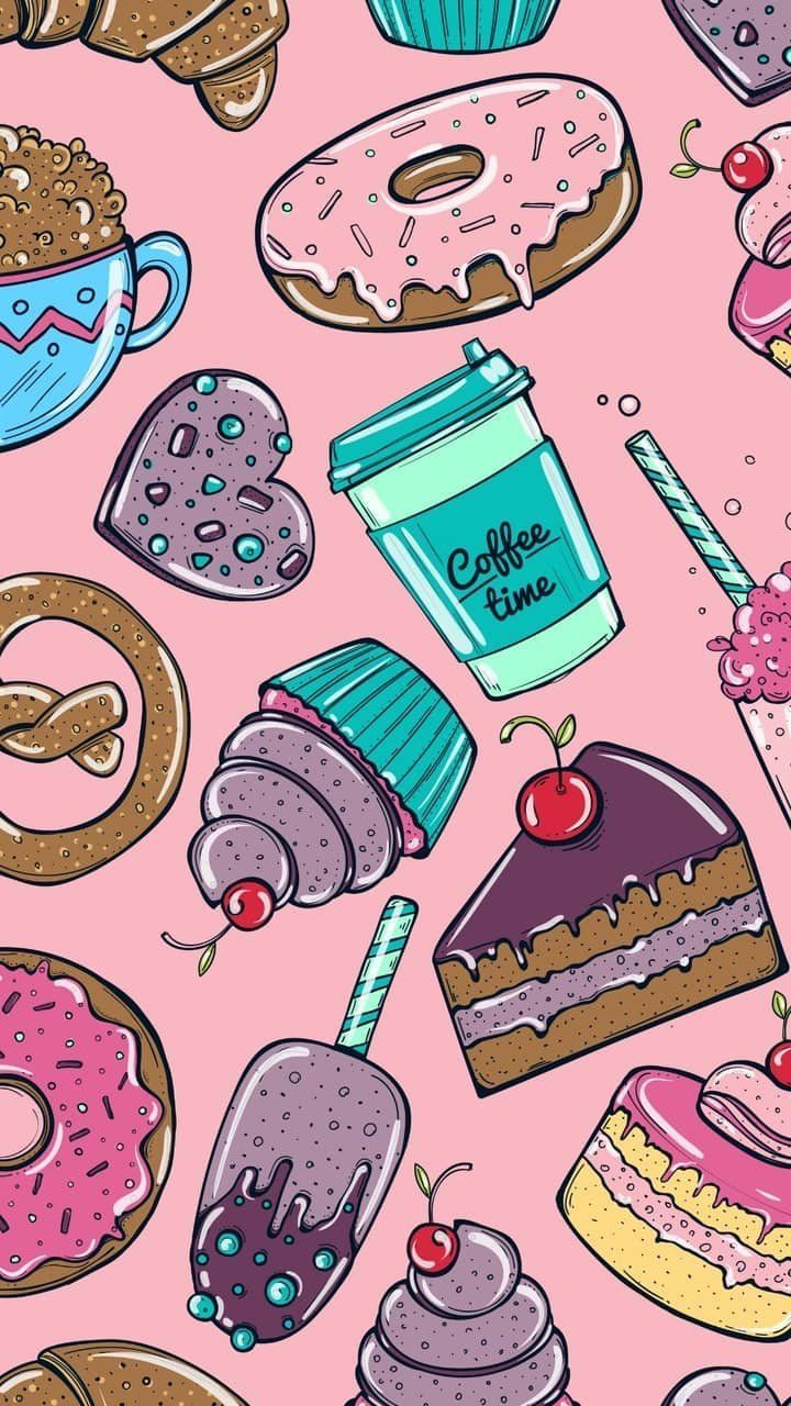 A pattern of donuts, cakes, and coffee cups on a pink background - Bakery, cake, cupcakes