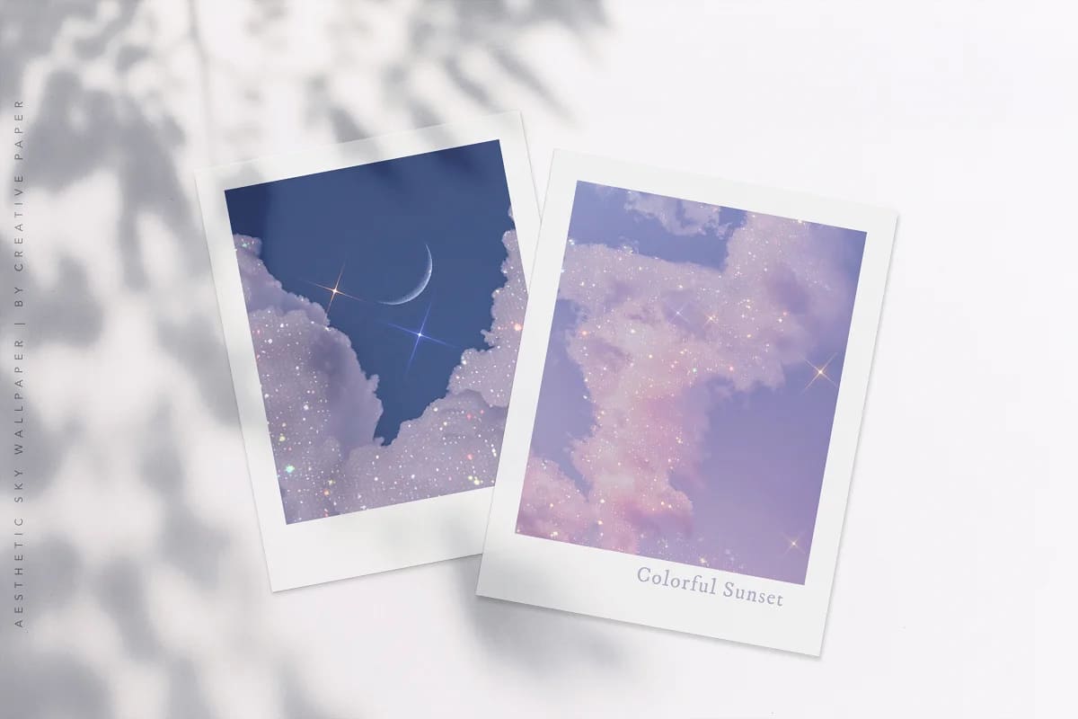 Two polaroid photos of the sky with a crescent moon and stars - Blush
