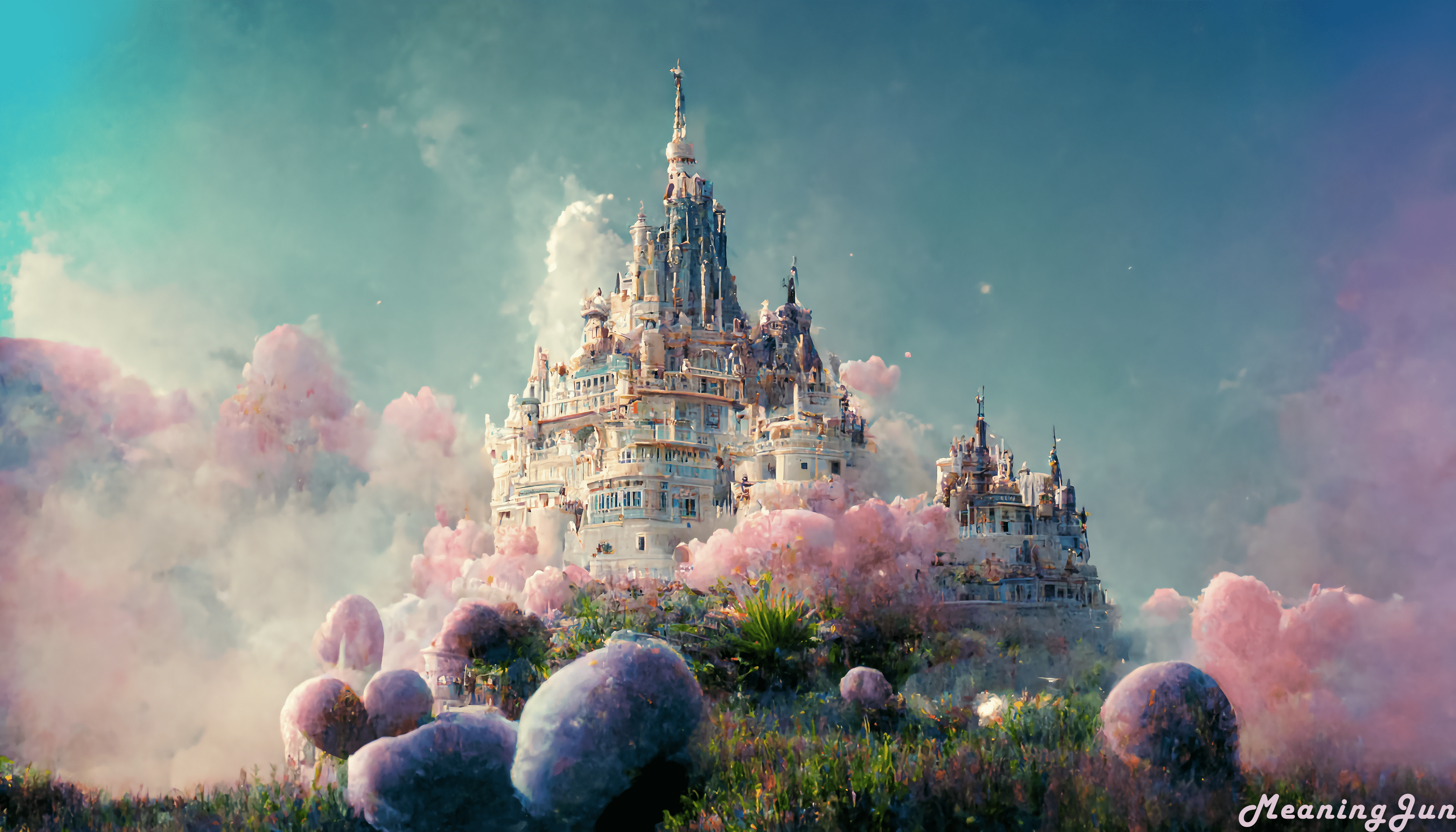 A castle with pink clouds and flowers - Castle