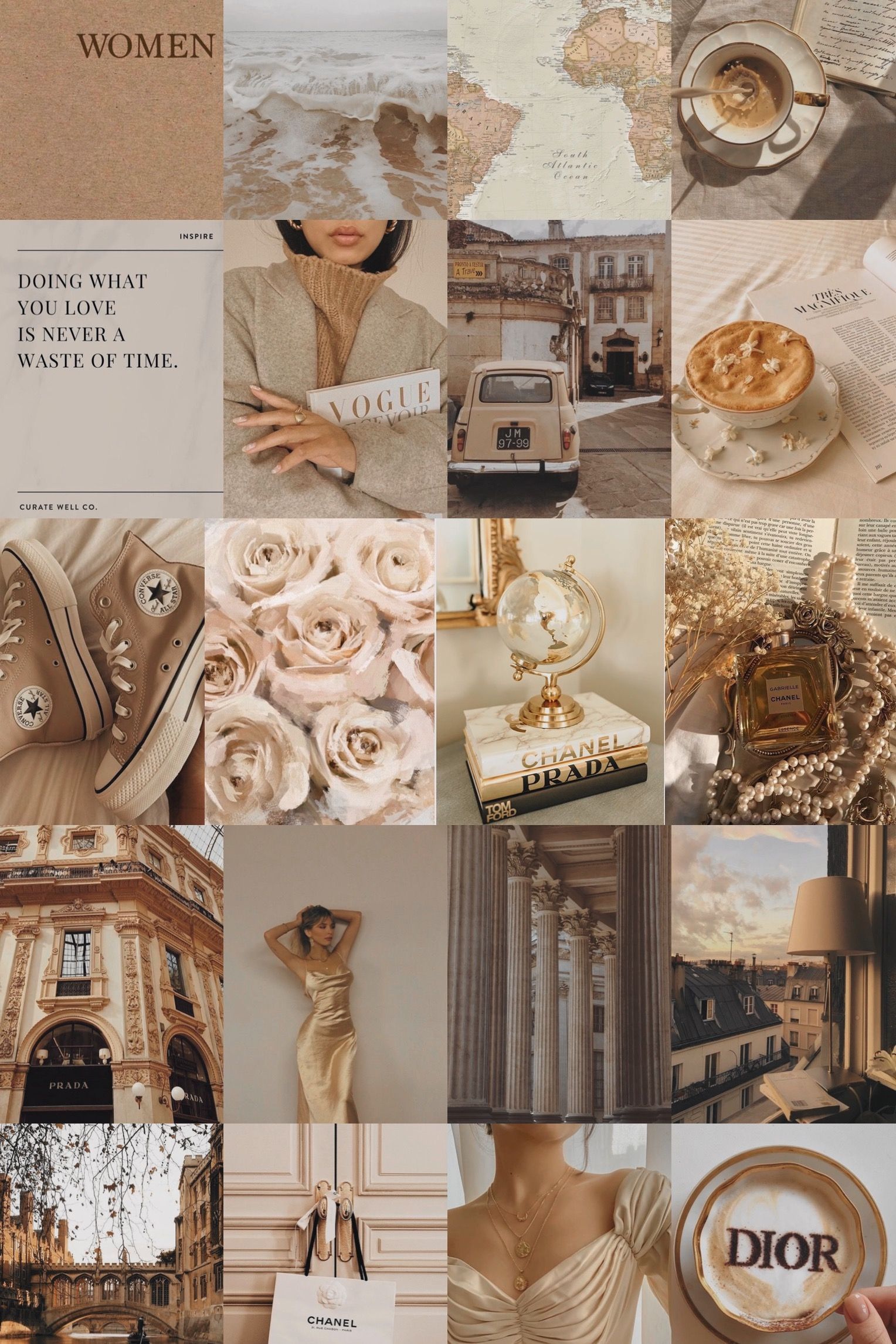 A collage of photos including a woman, flowers, a car, a clock, a book, and a cup of coffee. - Champagne, collage, Dior