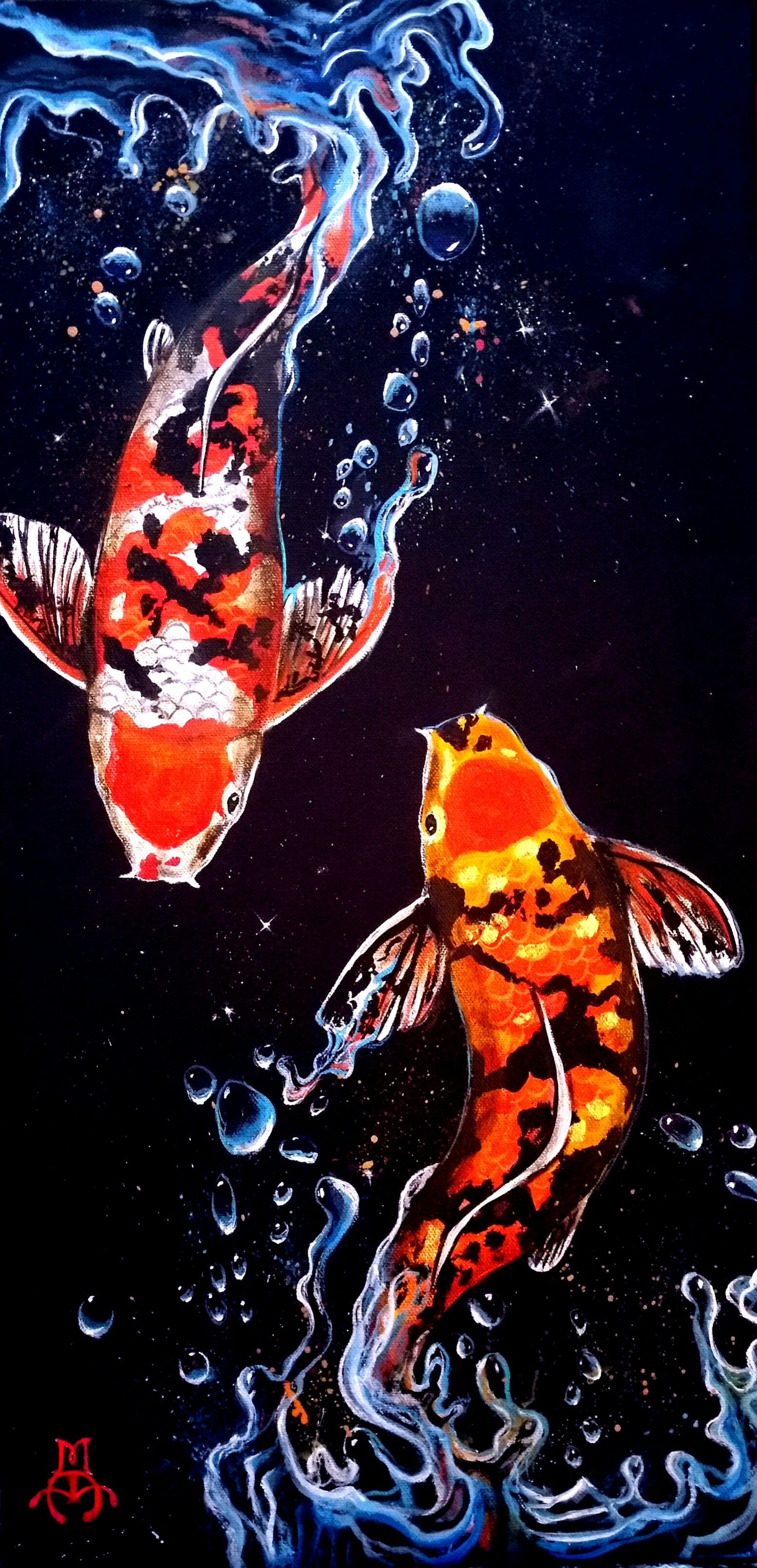 A painting of two koi fish swimming in the water. - Koi fish