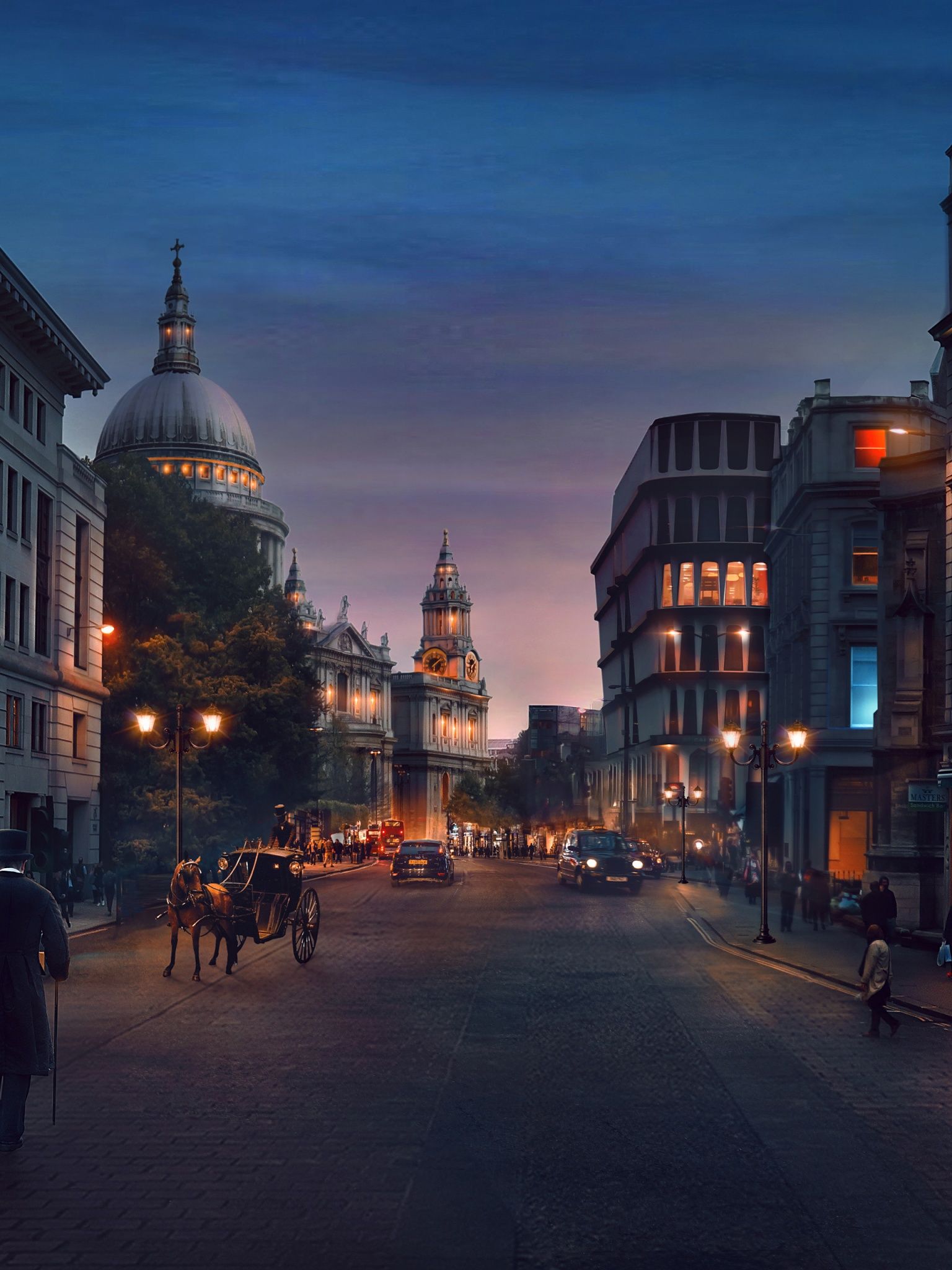 A horse-drawn carriage moves down a city street at dusk. - London