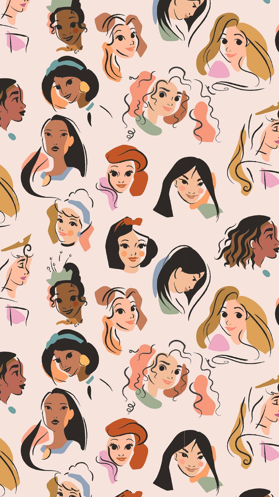 A wallpaper with Disney princesses in different skin tones and hair styles - Mulan