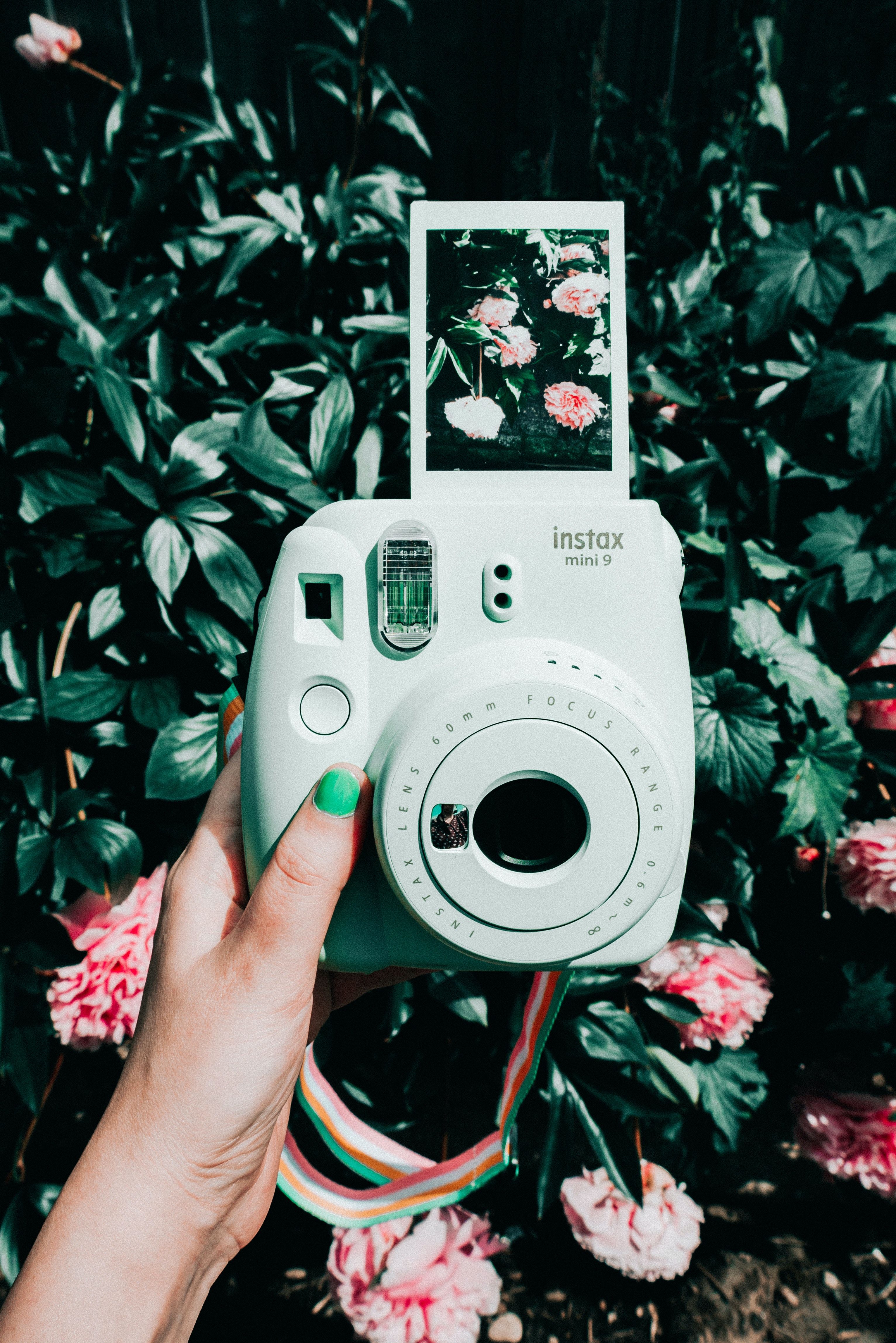 A woman's hand holding a white Fujifilm Instax Mini 9 camera with a picture of pink flowers. - Polaroid