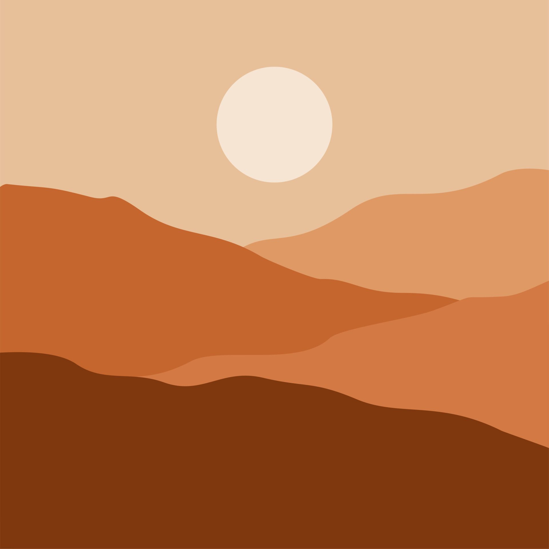 Abstract contemporary aesthetic background with desert, mountains, Sun. Earth tones, burnt orange, terracotta colors. Boho wall decor. landscapes set with sunrise, sunset. Earth tones, pastel colors