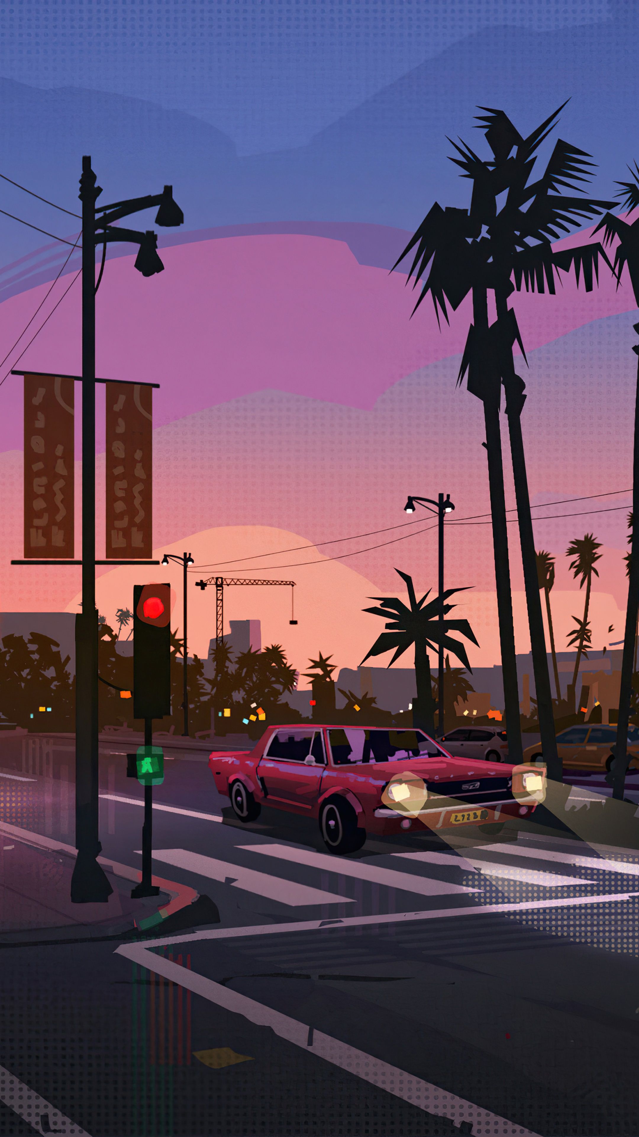 A street scene with cars and palm trees - Road