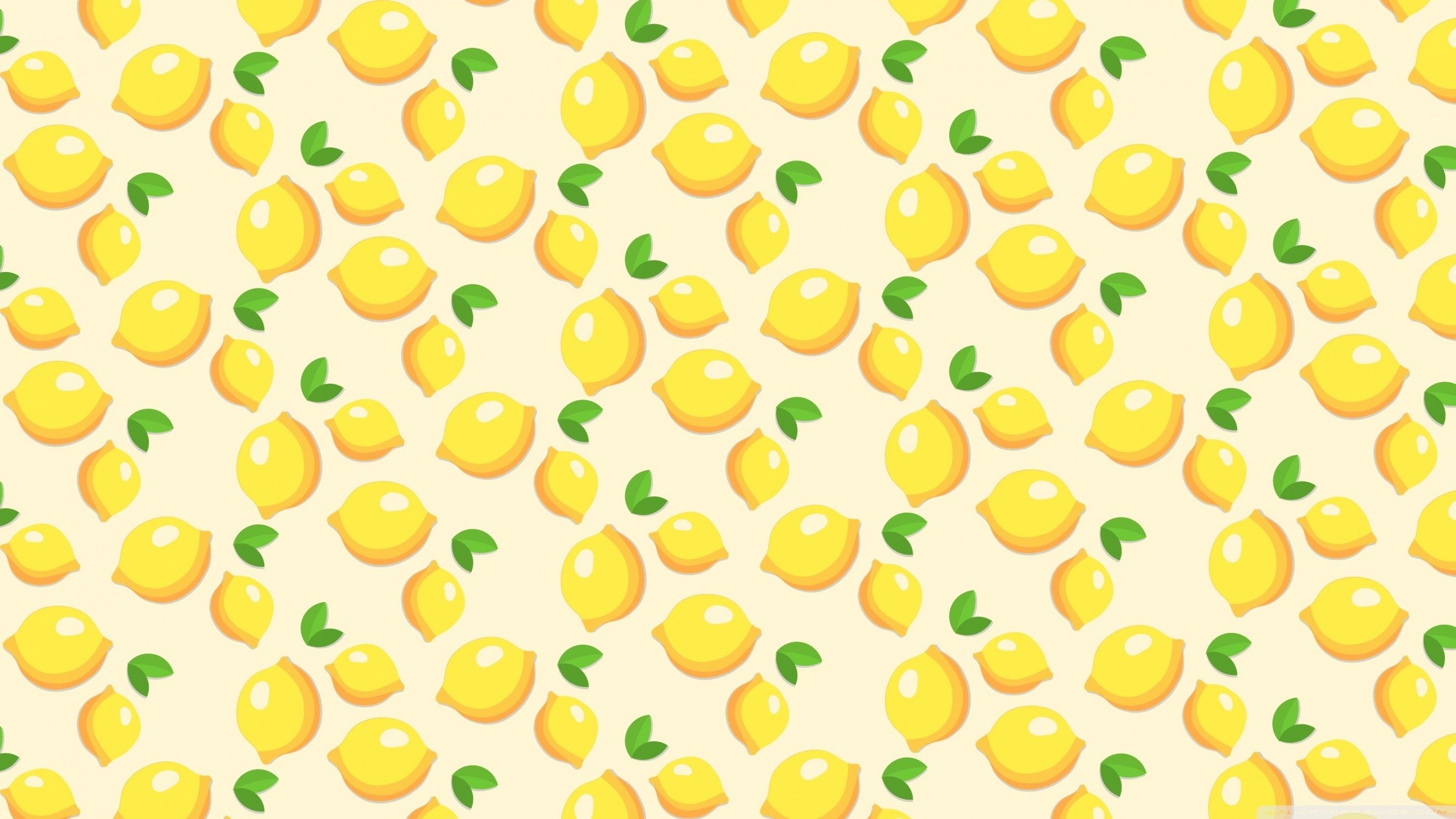 A pattern of yellow lemons with green leaves on a yellow background - Yellow, fruit, lemon, pattern