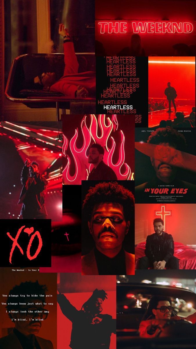 A collage of pictures with red and black - The Weeknd