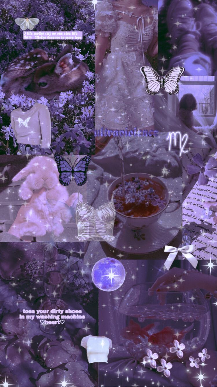 A collage of pictures with butterflies and flowers - Purple