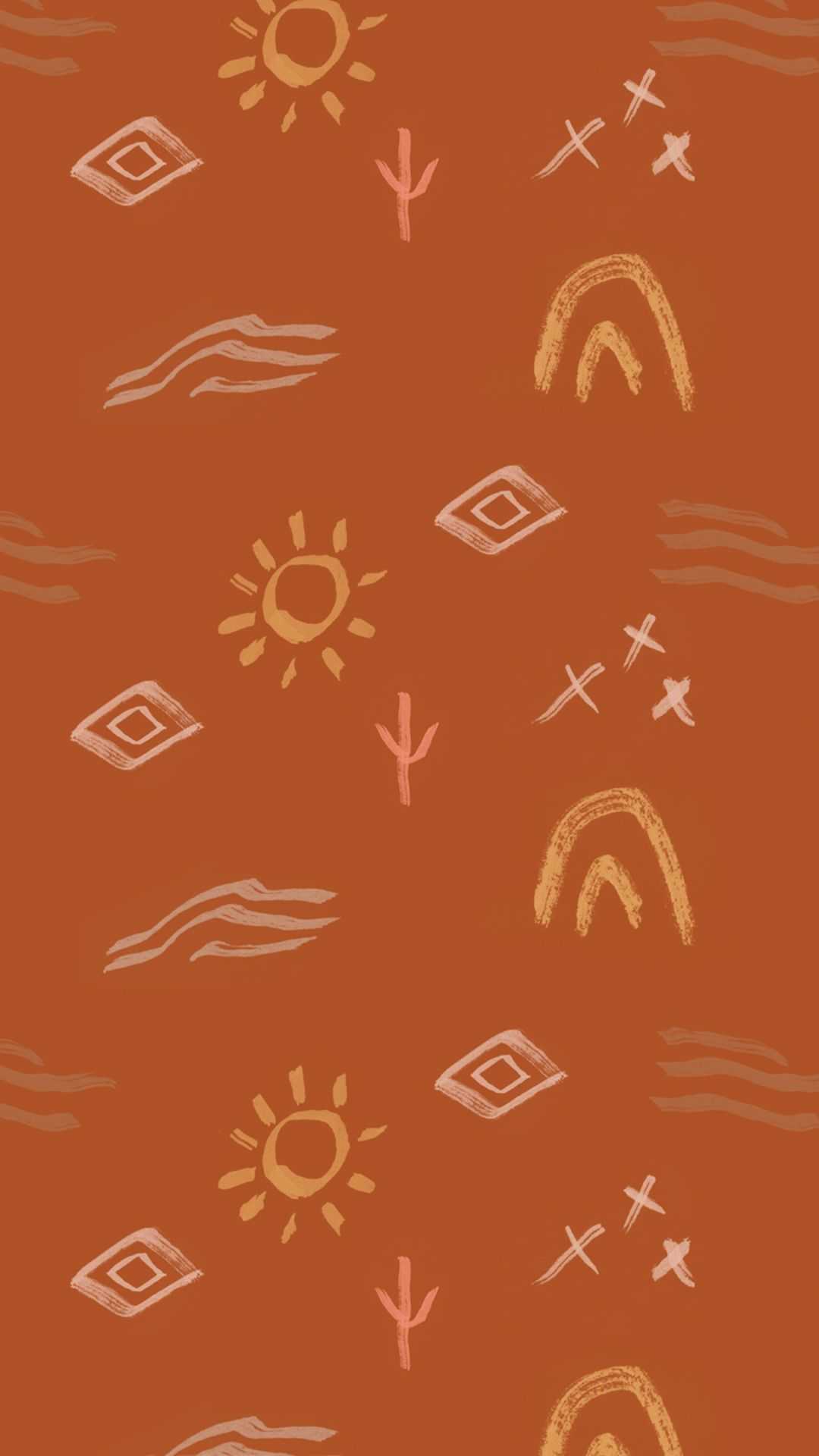A pattern of suns and other shapes on an orange background - Boho