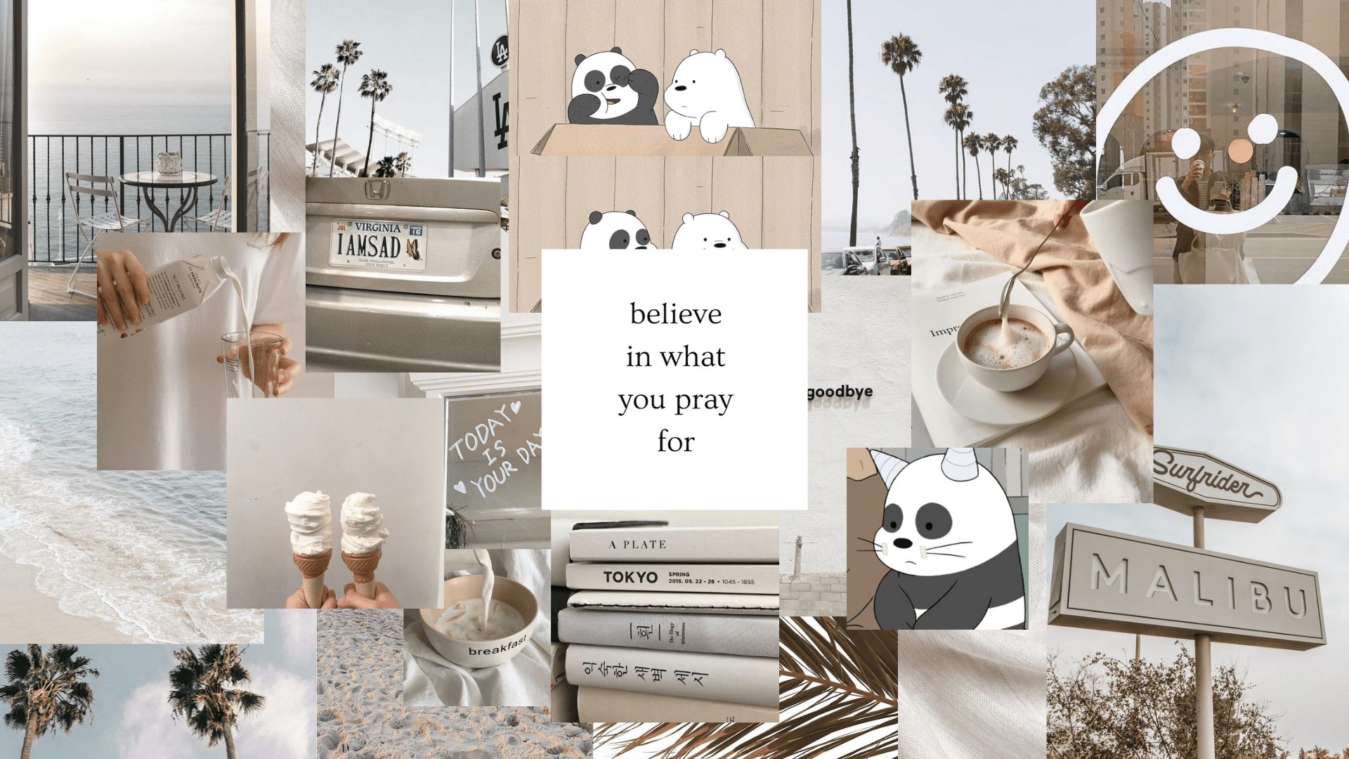 A collage of beige and white aesthetic images with a panda, books, ice cream, and palm trees. - MacBook, desktop, laptop, clean