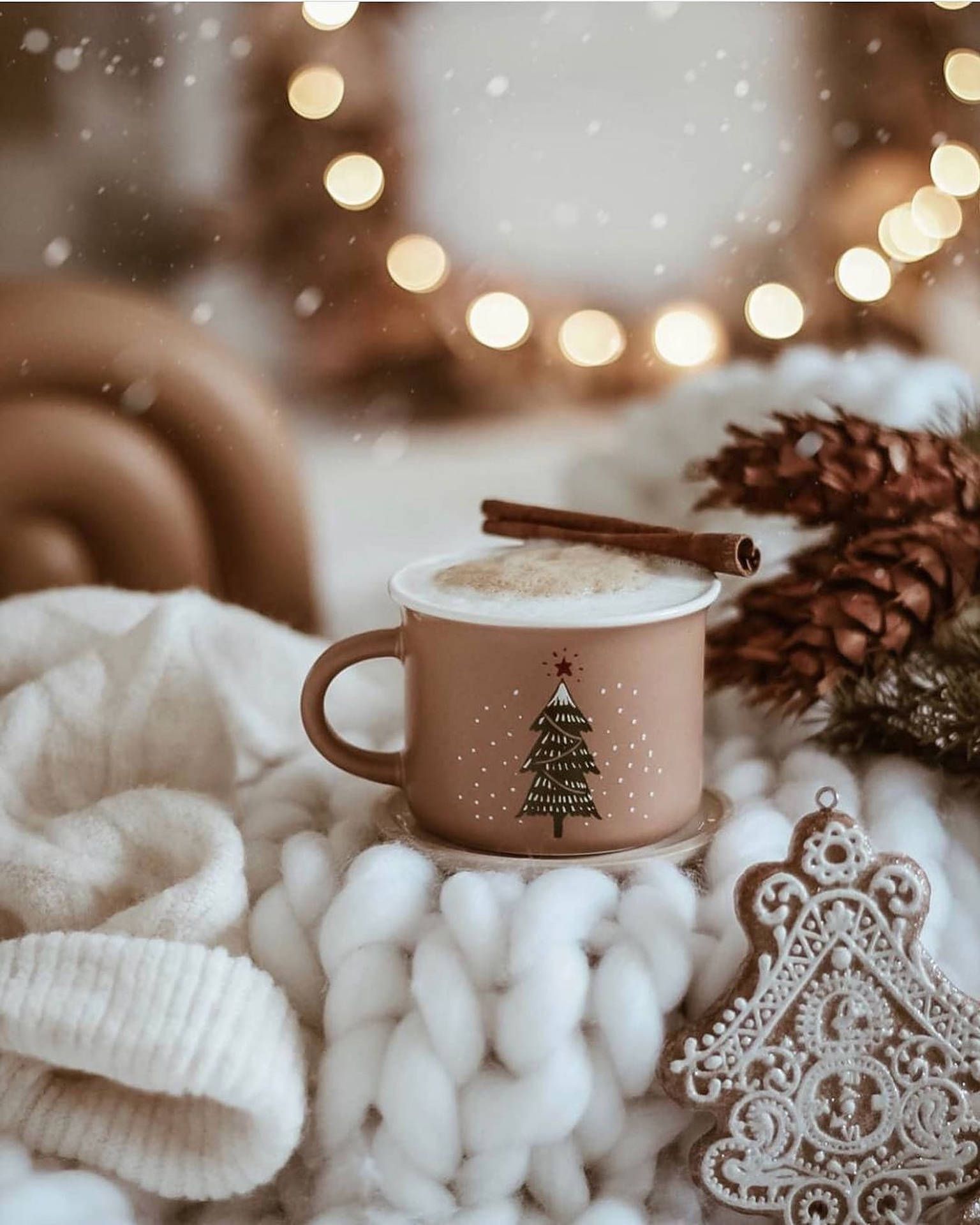 A cup of hot chocolate with a Christmas tree on it. - Cozy, Christmas
