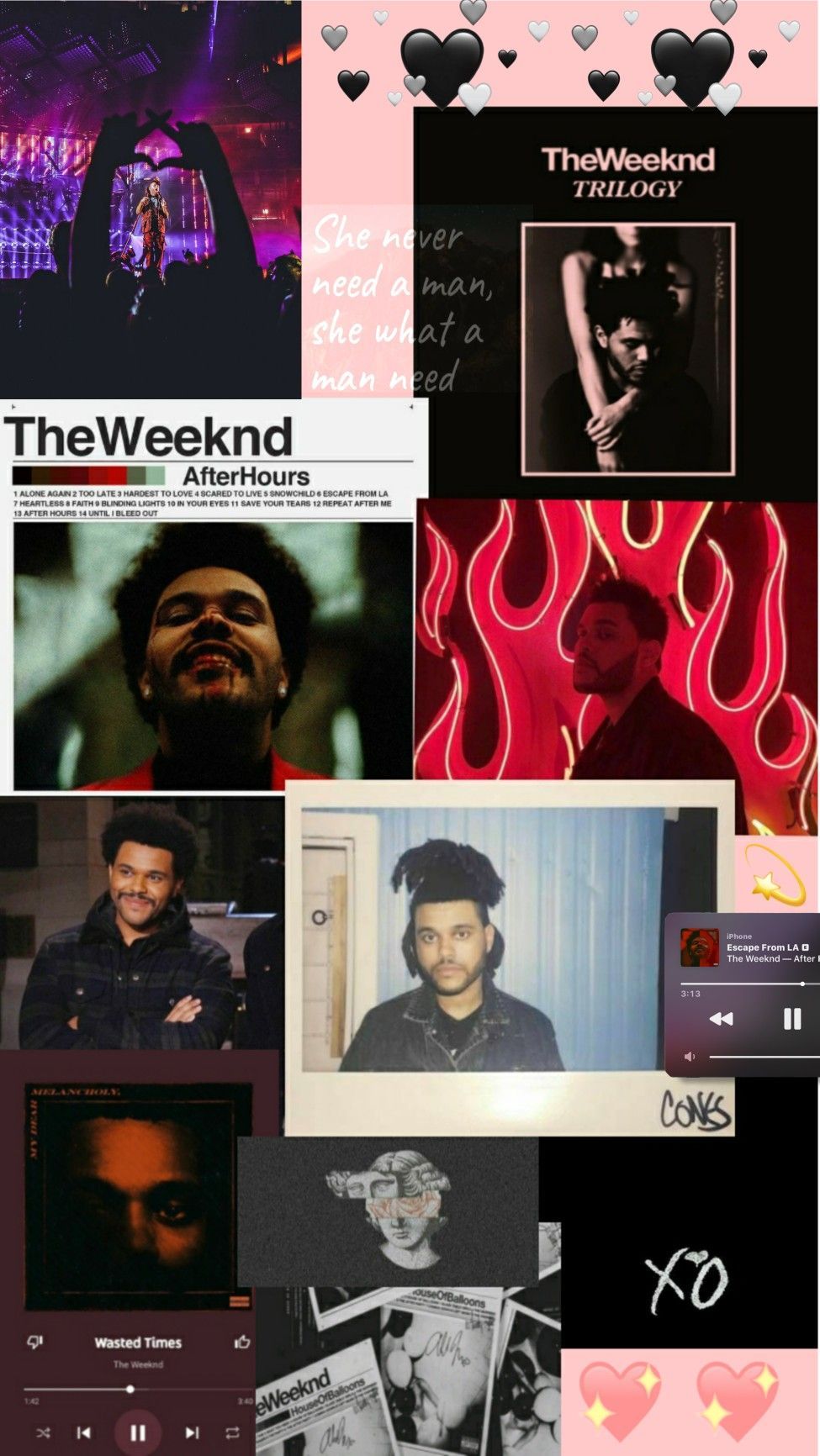 A collage of pictures with music and hearts - The Weeknd