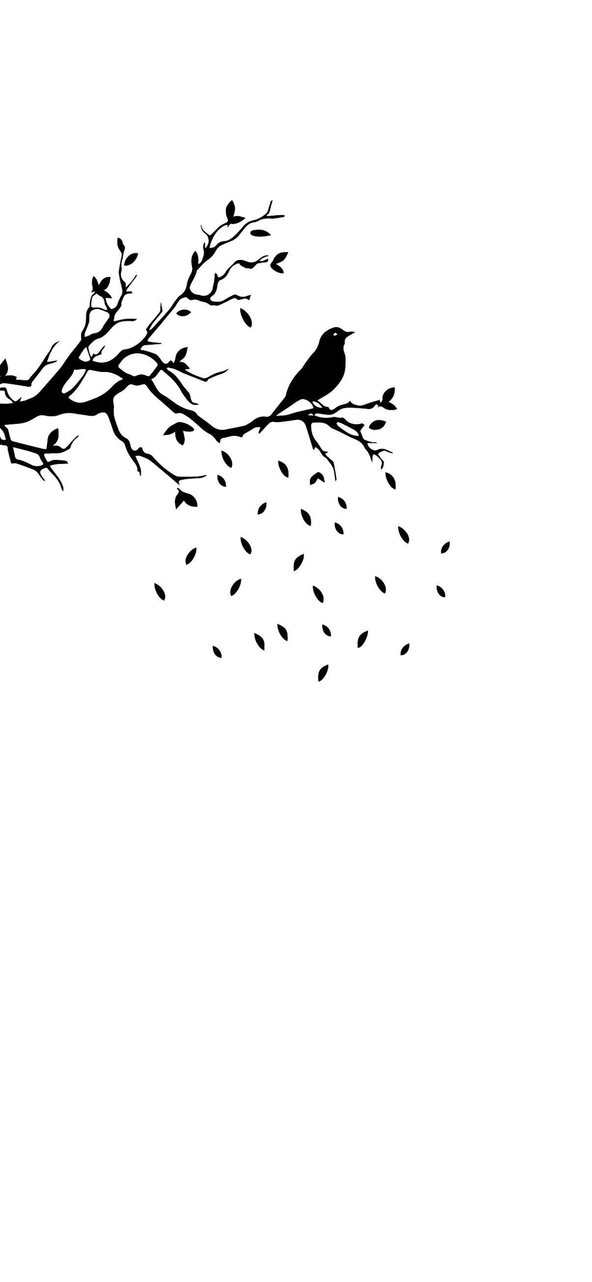 Black and white image of a bird on a tree branch with leaves falling - Clean