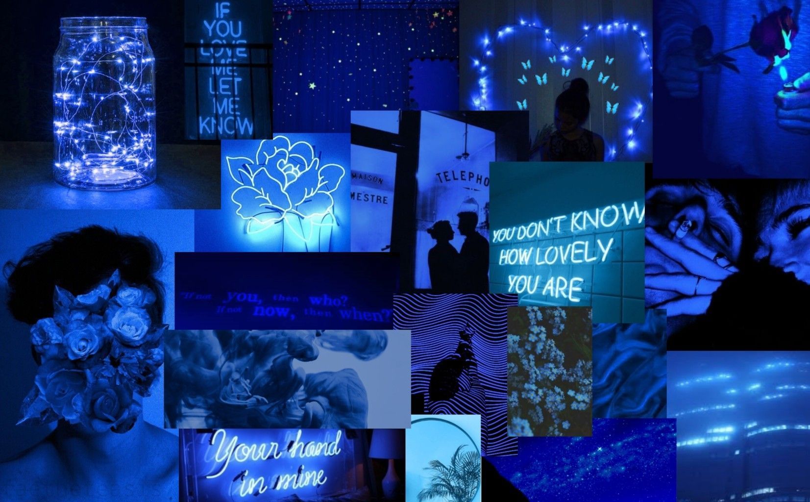 A collage of pictures with blue lighting - Dark blue, neon blue, navy blue