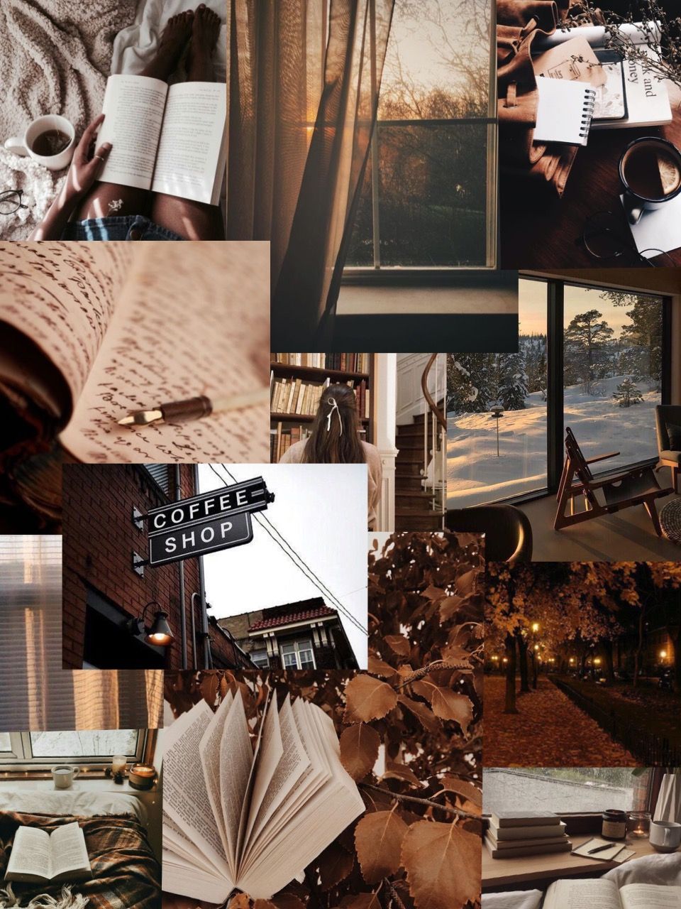 A collage of pictures with books and coffee - Cozy, collage