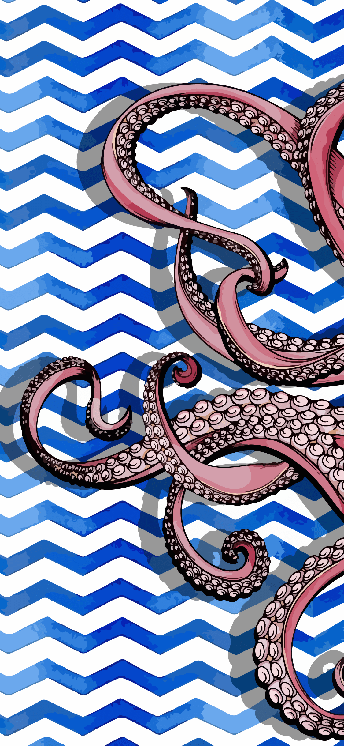 A pink octopus is on top of blue and white zigzag - Clean