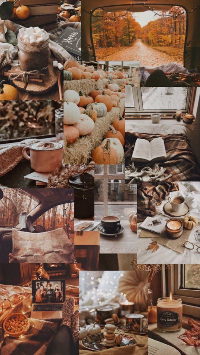 A collage of pictures with fall decorations - Cozy, collage