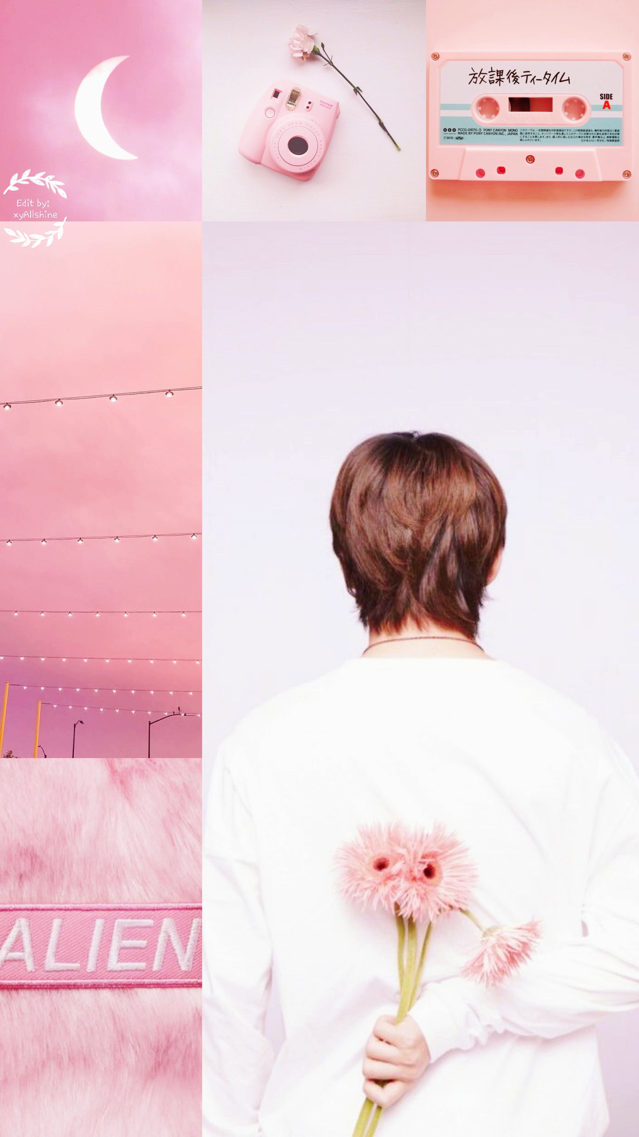 Aesthetic background of a person holding flowers with a pink camera and cassette tape. - BTS