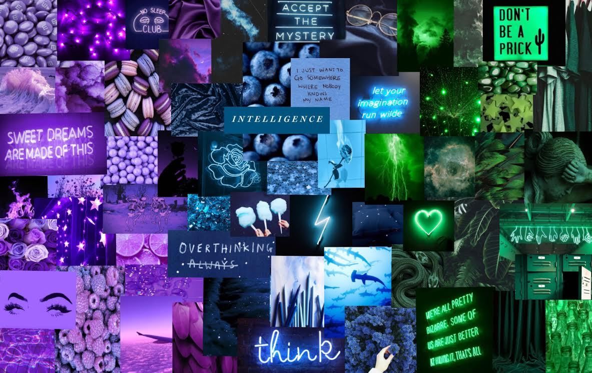 A collage of different images with green and purple backgrounds - Dark purple